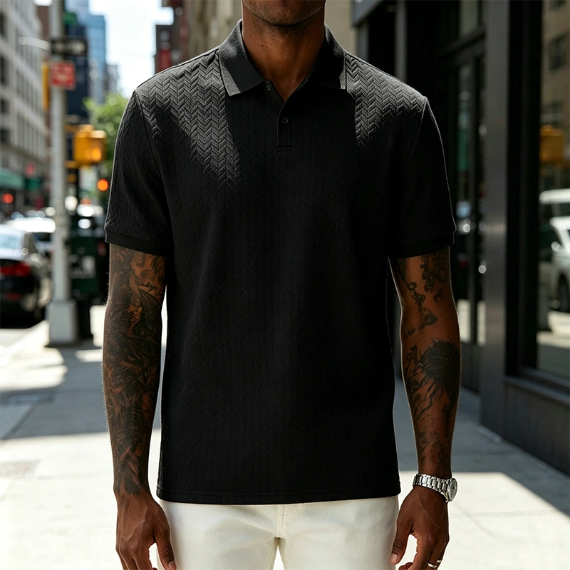Men's Comfortable Solid Color Textured Short-sleeved Lapel Polo Shirt