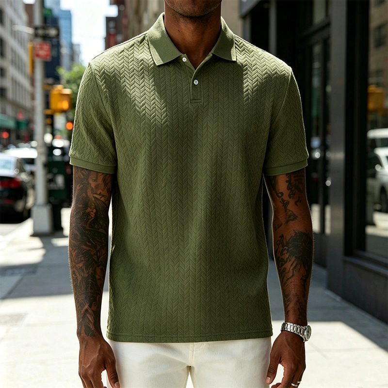 Men's Comfortable Solid Color Textured Short-sleeved Lapel Polo Shirt