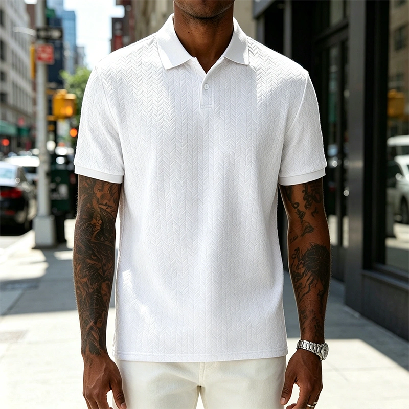 Men's Comfortable Solid Color Textured Short-sleeved Lapel Polo Shirt