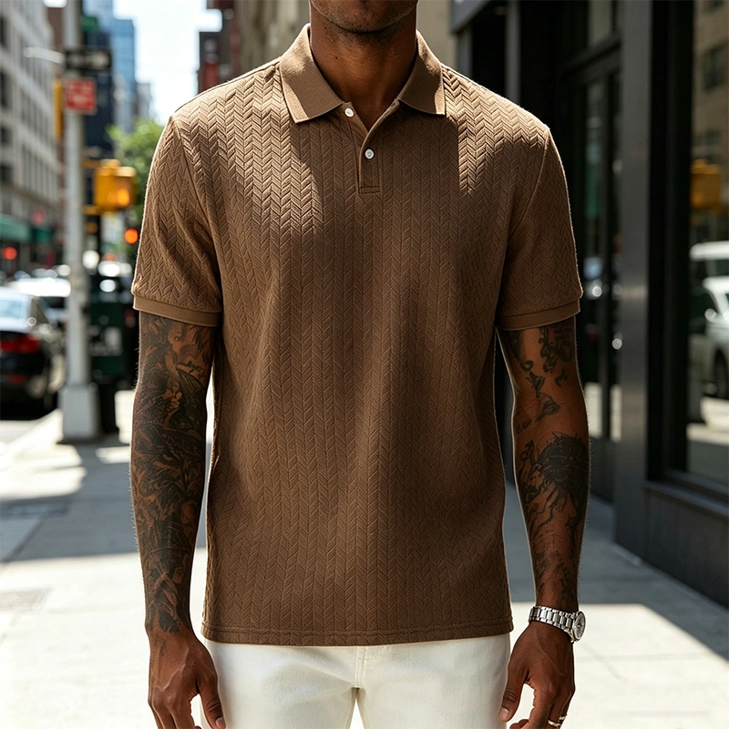Men's Comfortable Solid Color Textured Short-sleeved Lapel Polo Shirt