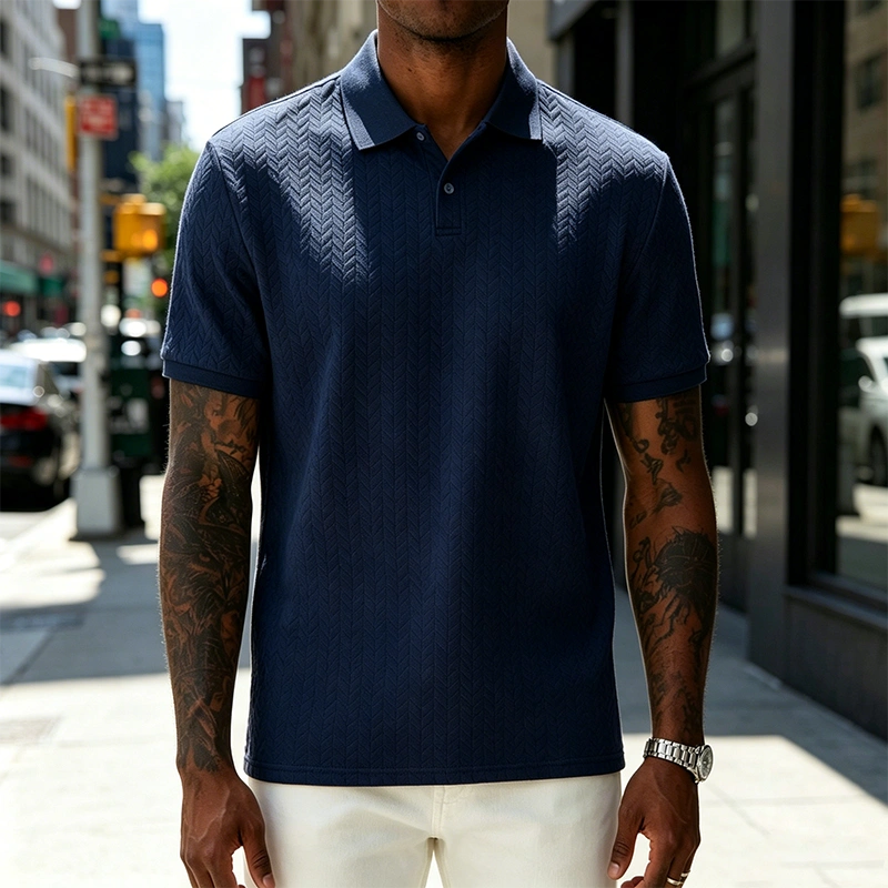 Men's Comfortable Solid Color Textured Short-sleeved Lapel Polo Shirt