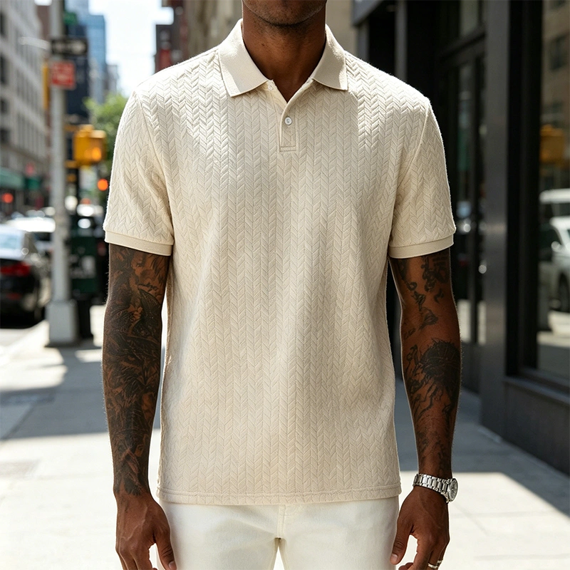 Men's Comfortable Solid Color Textured Short-sleeved Lapel Polo Shirt