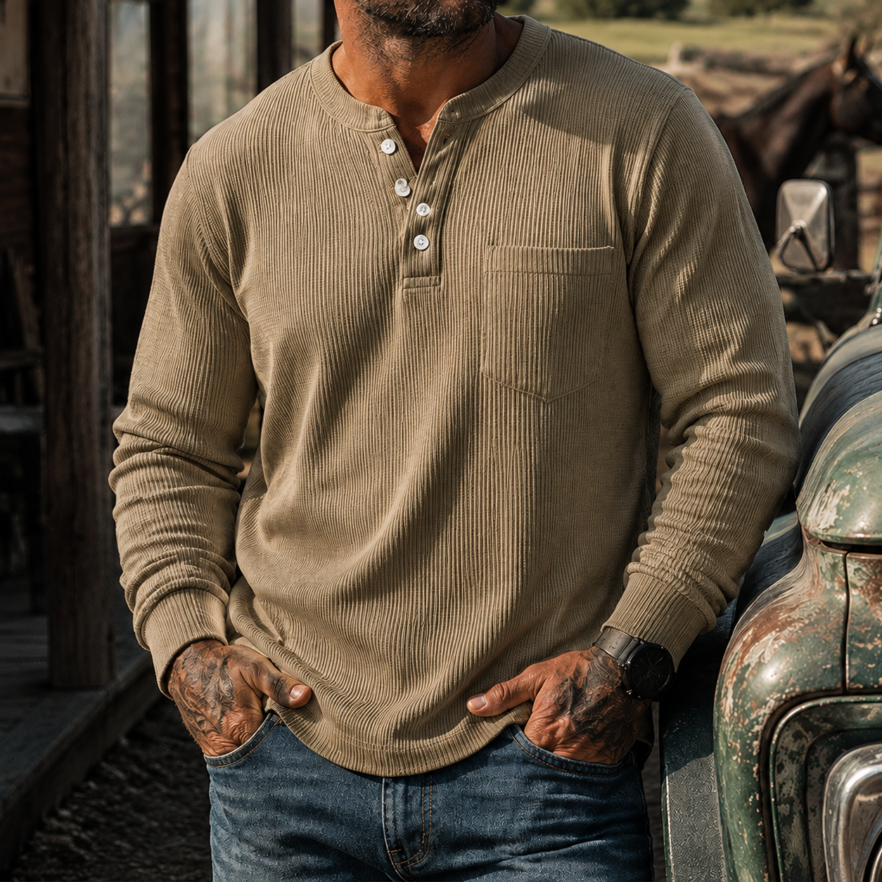 Mivanity Men's Ribbed Henley Shirt Long Sleeve Casual Vintage Cotton Pullover Top