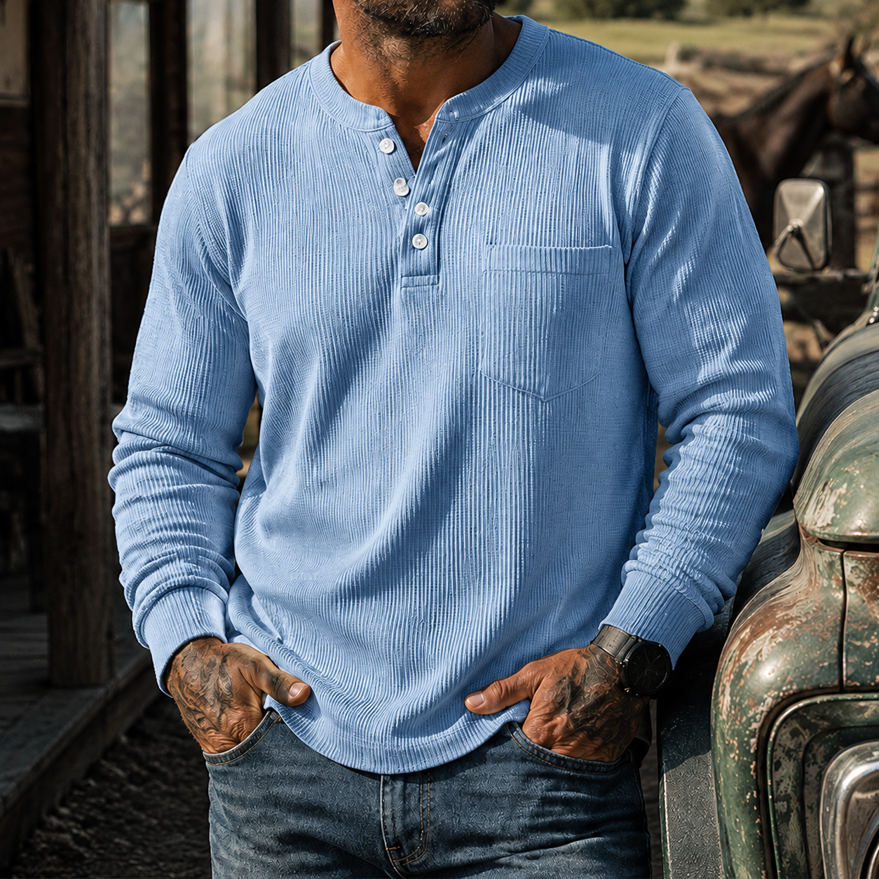 Mivanity Men's Ribbed Henley Shirt Long Sleeve Casual Vintage Cotton Pullover Top