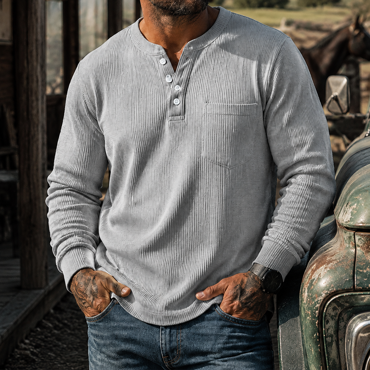 Mivanity Men's Ribbed Henley Shirt Long Sleeve Casual Vintage Cotton Pullover Top