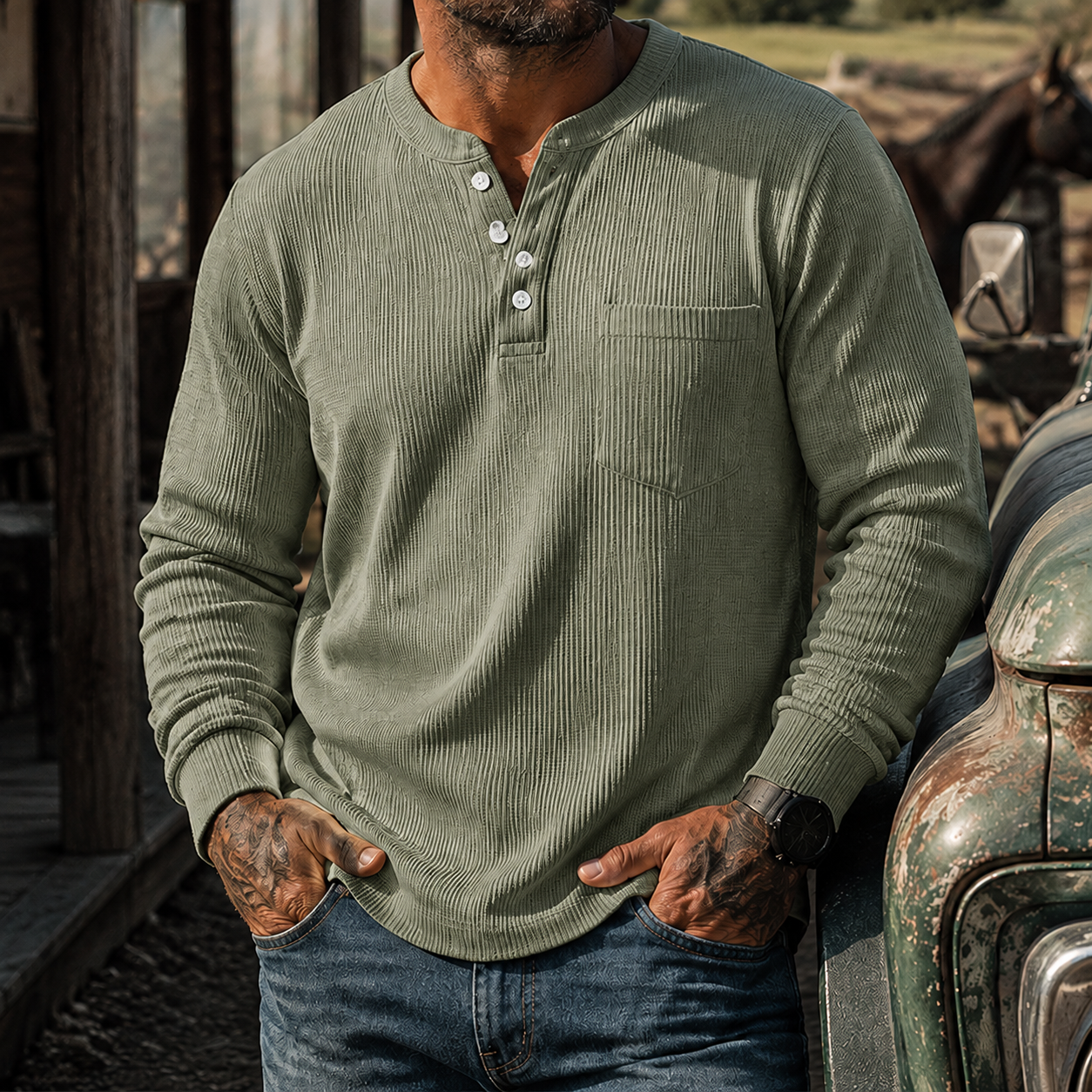 Mivanity Men's Ribbed Henley Shirt Long Sleeve Casual Vintage Cotton Pullover Top