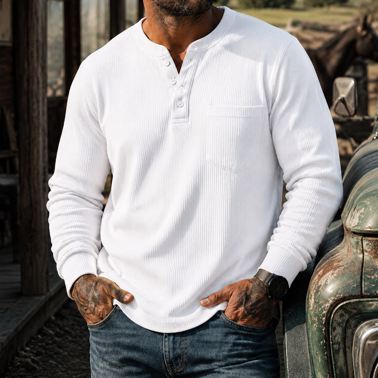 Mivanity Men's Ribbed Henley Shirt Long Sleeve Casual Vintage Cotton Pullover Top