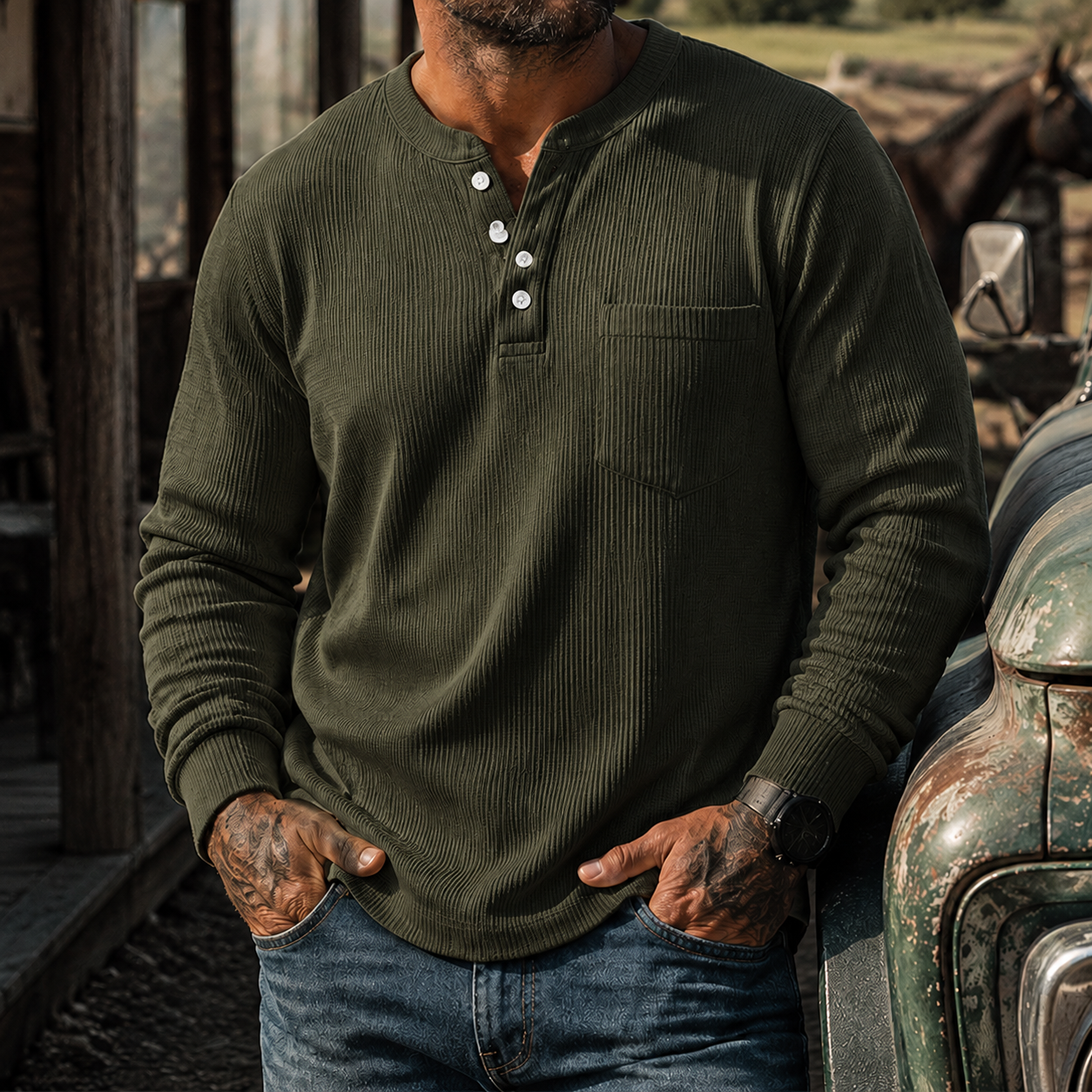 Mivanity Men's Ribbed Henley Shirt Long Sleeve Casual Vintage Cotton Pullover Top