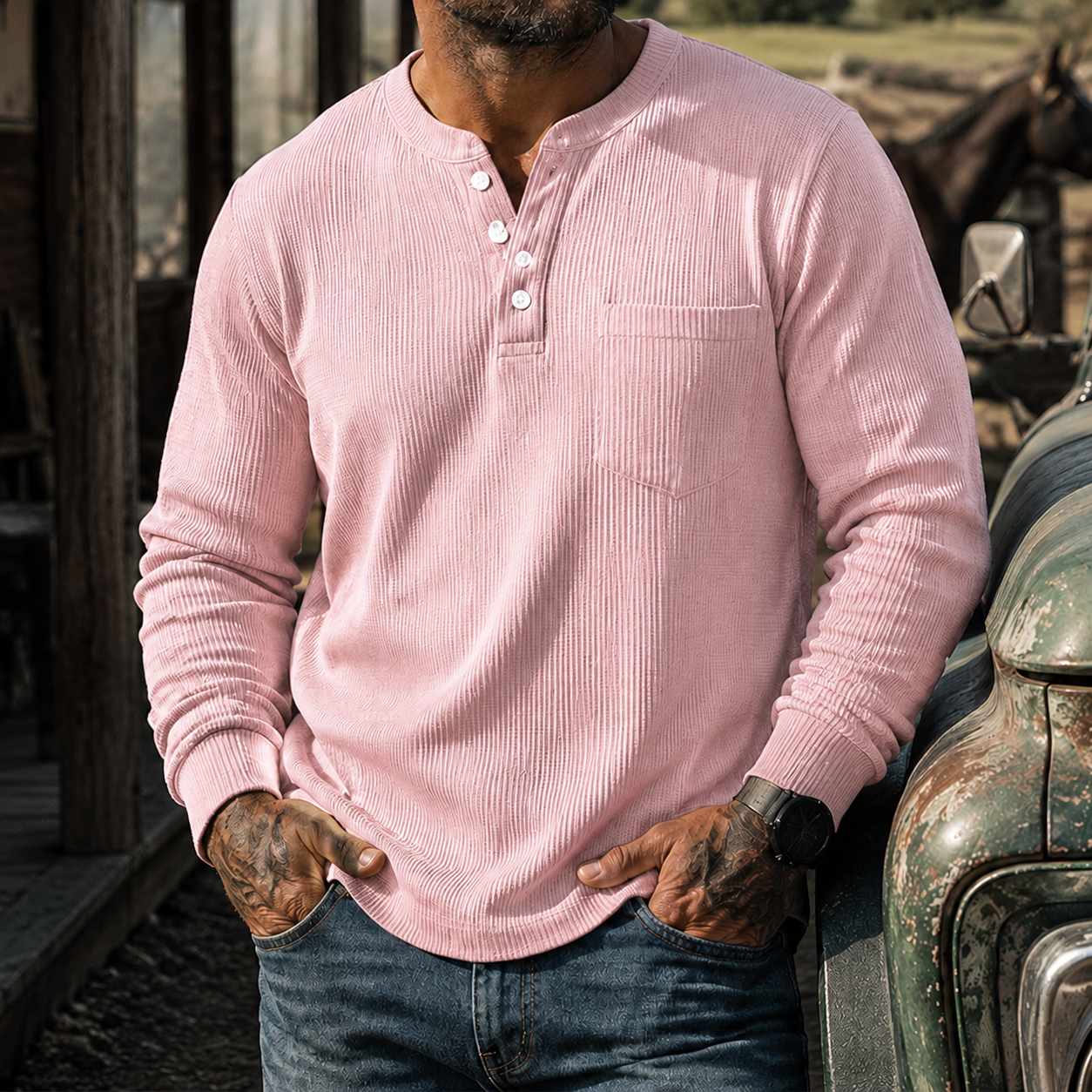 Mivanity Men's Ribbed Henley Shirt Long Sleeve Casual Vintage Cotton Pullover Top