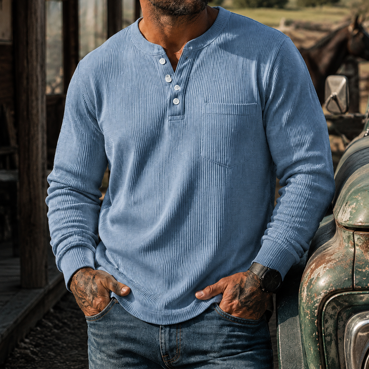 Mivanity Men's Ribbed Henley Shirt Long Sleeve Casual Vintage Cotton Pullover Top