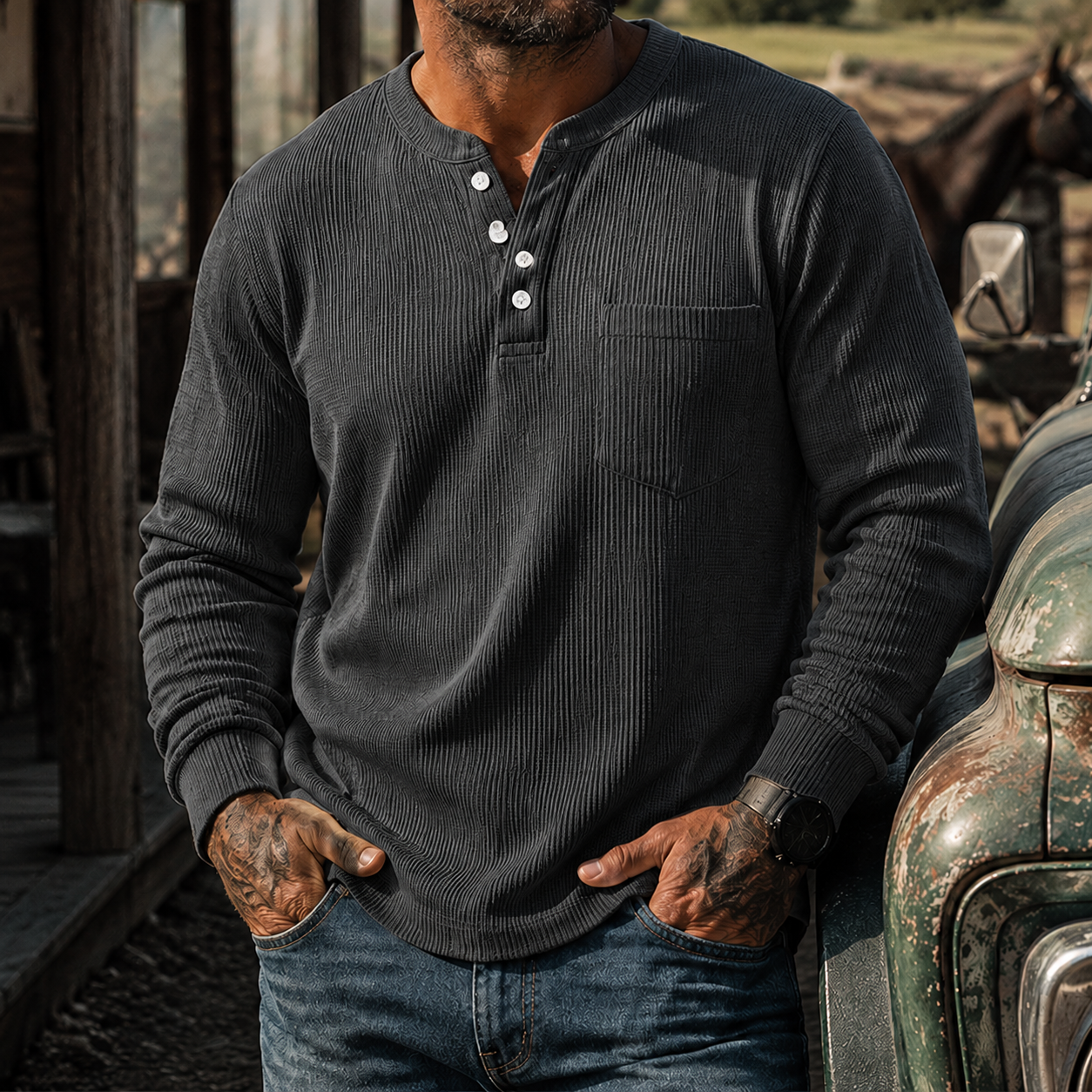 Mivanity Men's Ribbed Henley Shirt Long Sleeve Casual Vintage Cotton Pullover Top