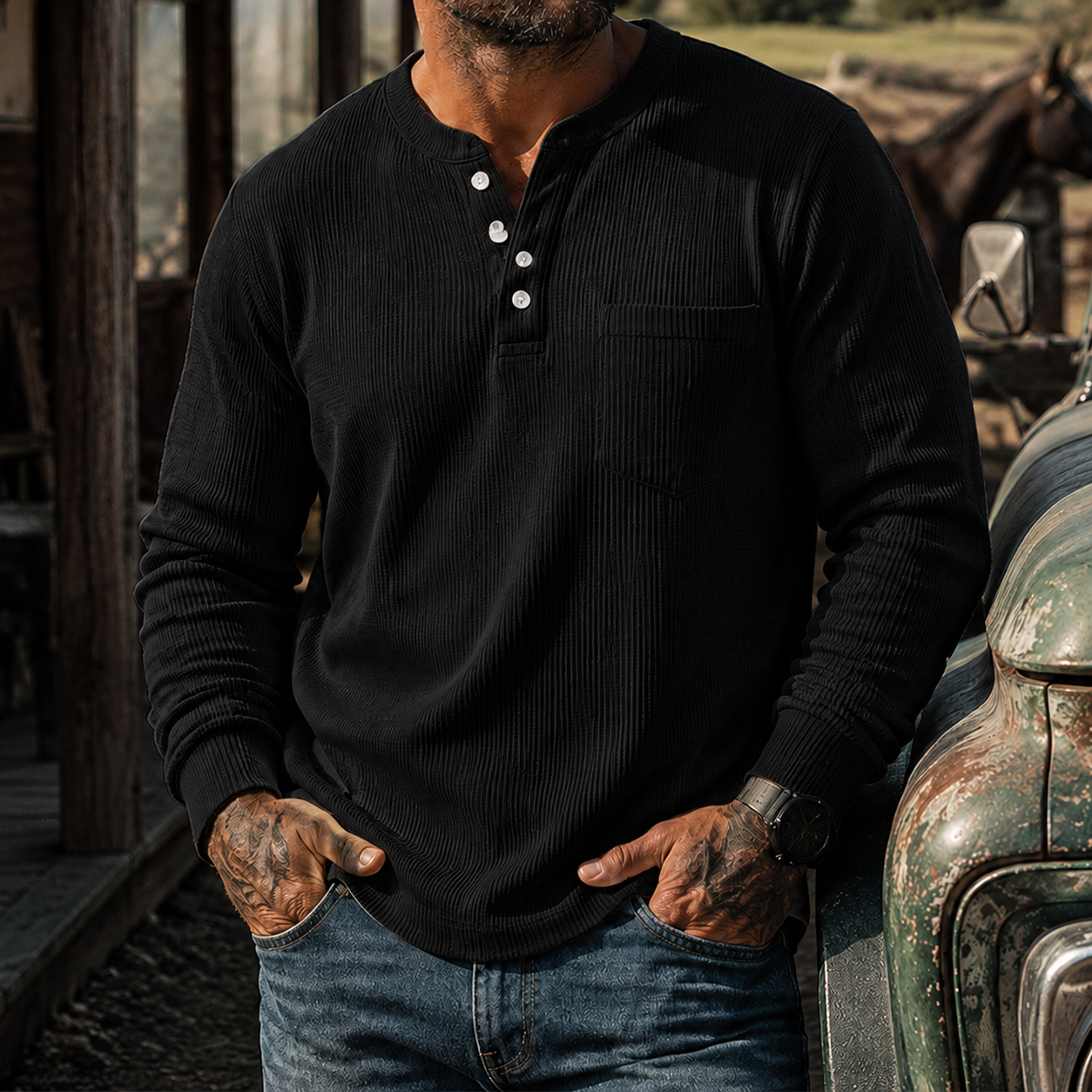 Mivanity Men's Ribbed Henley Shirt Long Sleeve Casual Vintage Cotton Pullover Top