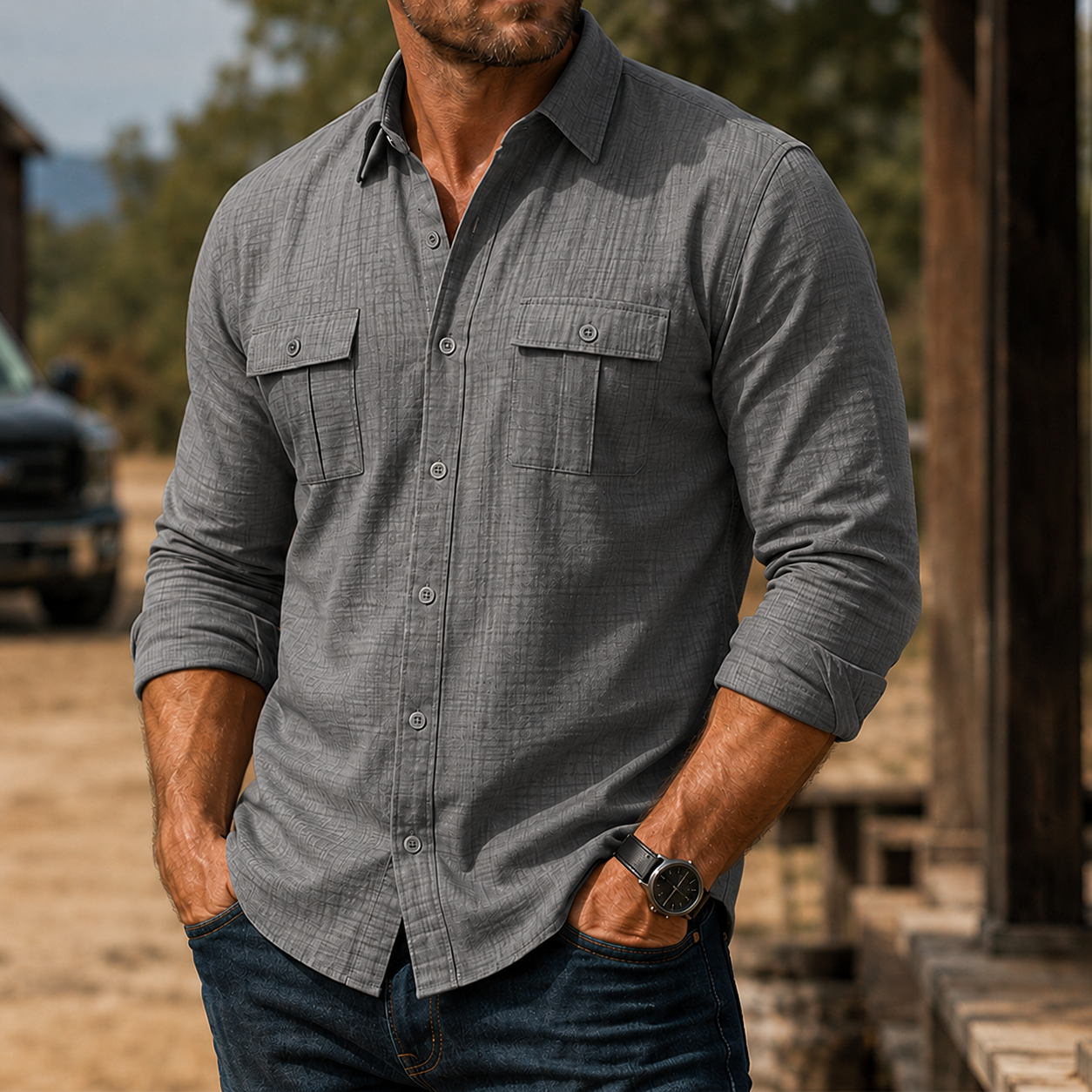 Mivanity Men's Rugged Textured Long Sleeve Shirt Casual Outdoor Utility Button-Up
