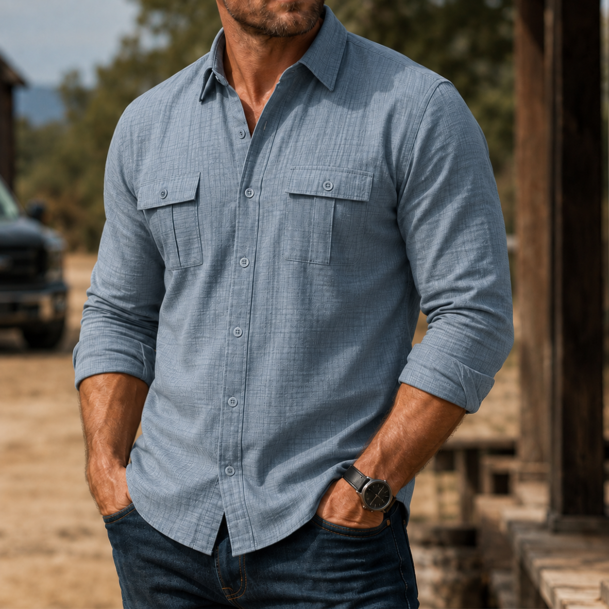 Mivanity Men's Rugged Textured Long Sleeve Shirt Casual Outdoor Utility Button-Up