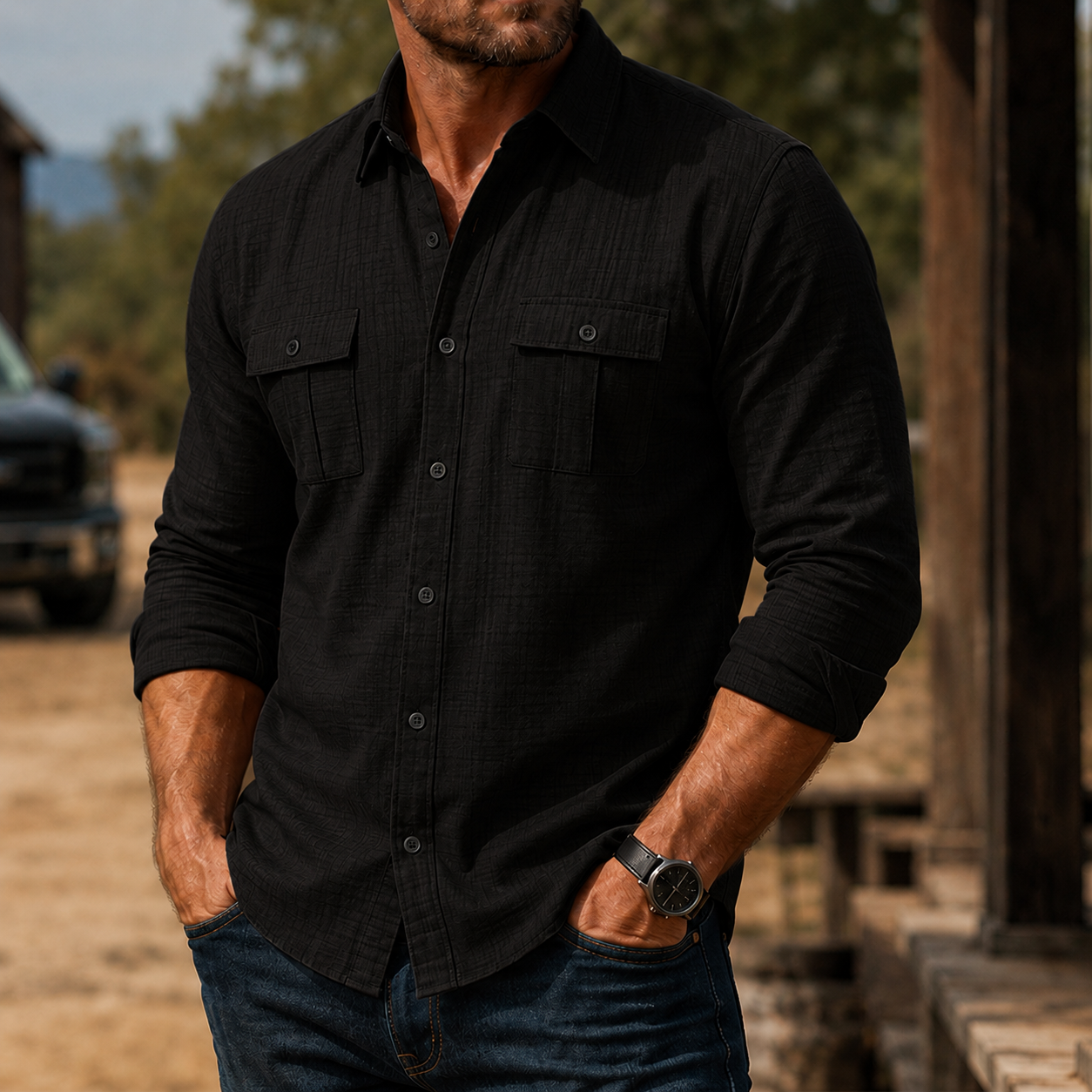 Mivanity Men's Rugged Textured Long Sleeve Shirt Casual Outdoor Utility Button-Up