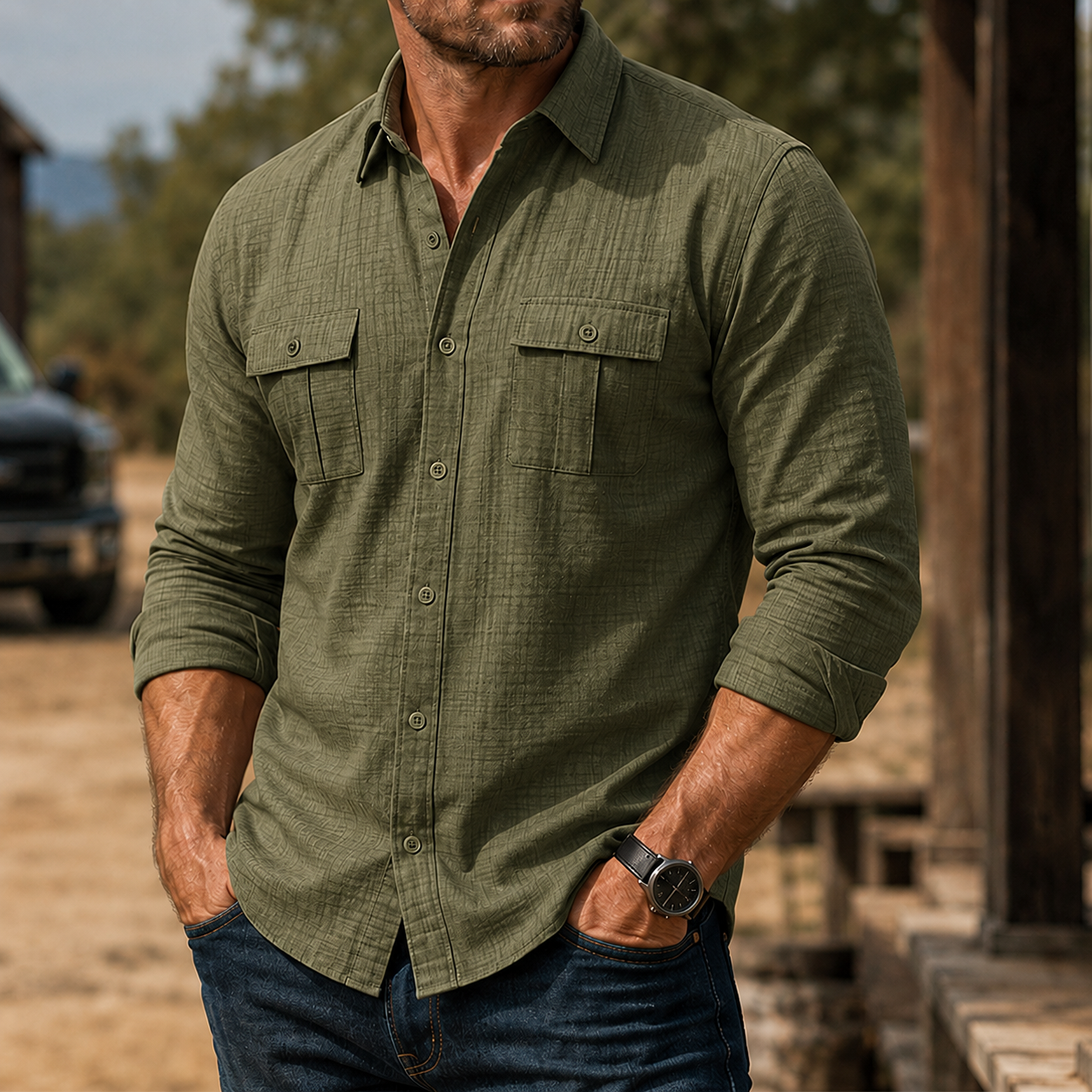 Mivanity Men's Rugged Textured Long Sleeve Shirt Casual Outdoor Utility Button-Up
