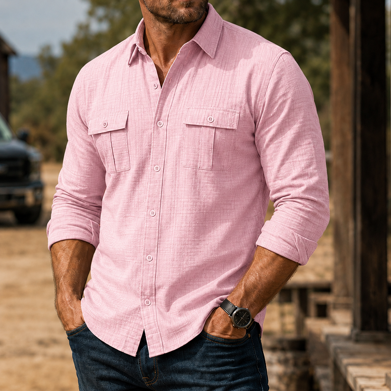 Mivanity Men's Rugged Textured Long Sleeve Shirt Casual Outdoor Utility Button-Up