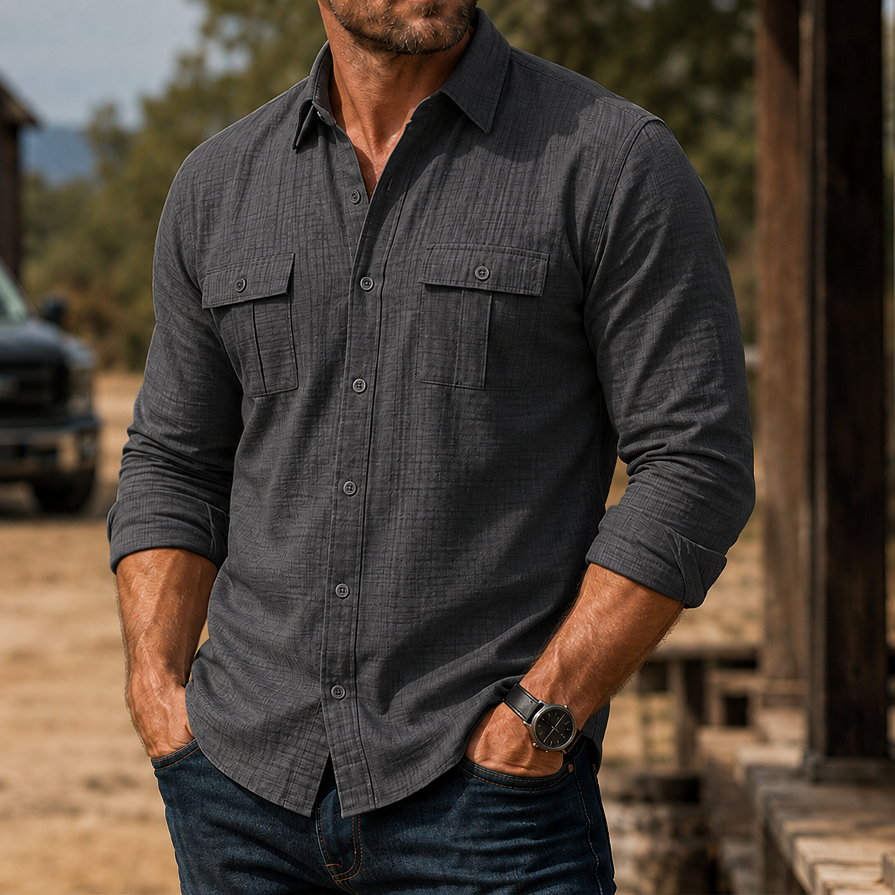 Mivanity Men's Rugged Textured Long Sleeve Shirt Casual Outdoor Utility Button-Up
