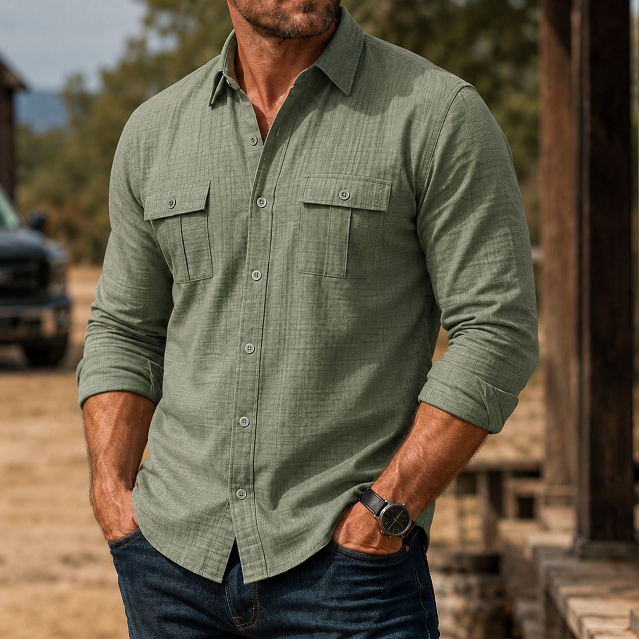 Mivanity Men's Rugged Textured Long Sleeve Shirt Casual Outdoor Utility Button-Up