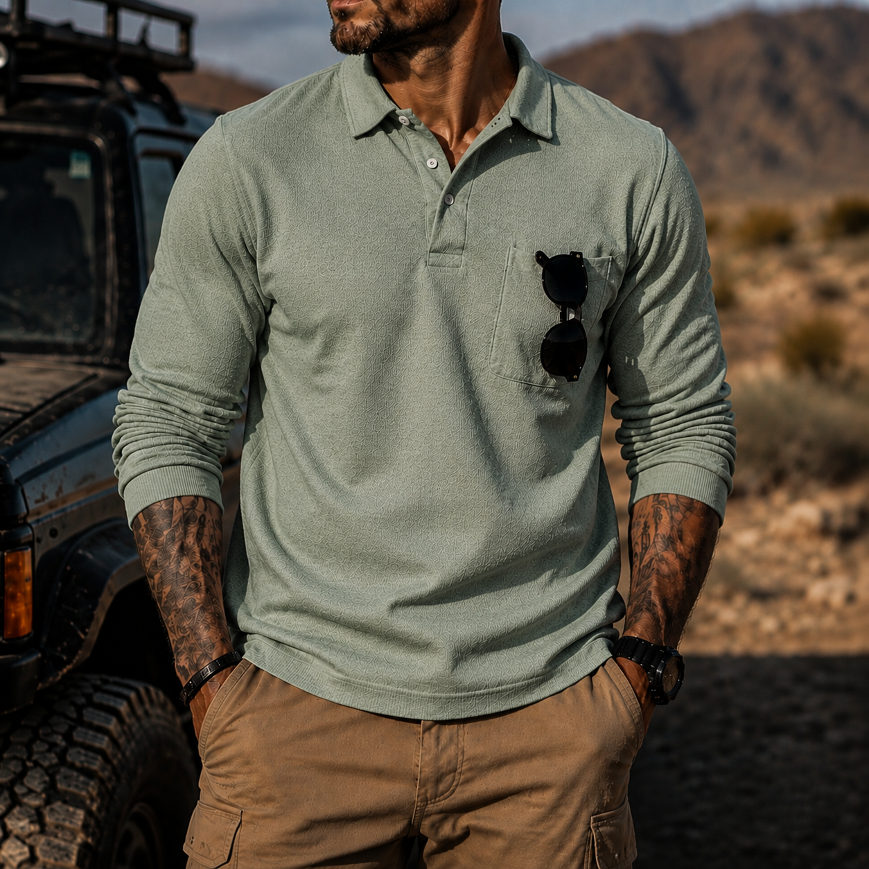 Mivanity Men's Rugged Textured Polo Shirt Adventure Style Long Sleeve Pullover with Sunglasses Pocket