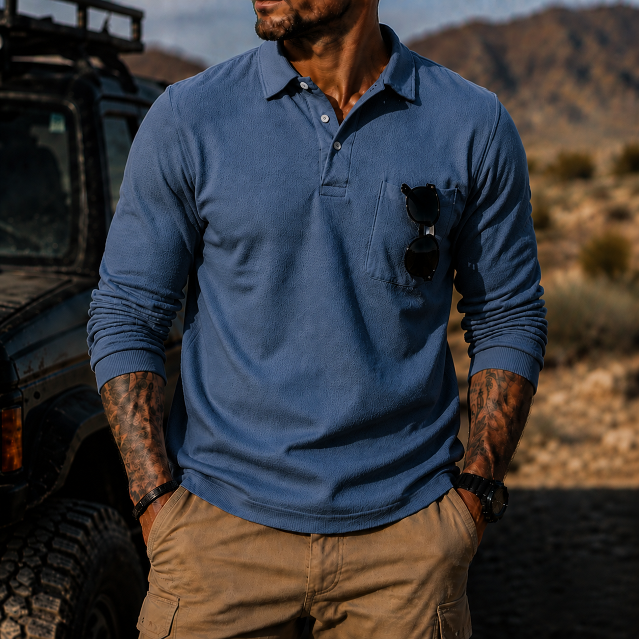 Mivanity Men's Rugged Textured Polo Shirt Adventure Style Long Sleeve Pullover with Sunglasses Pocket