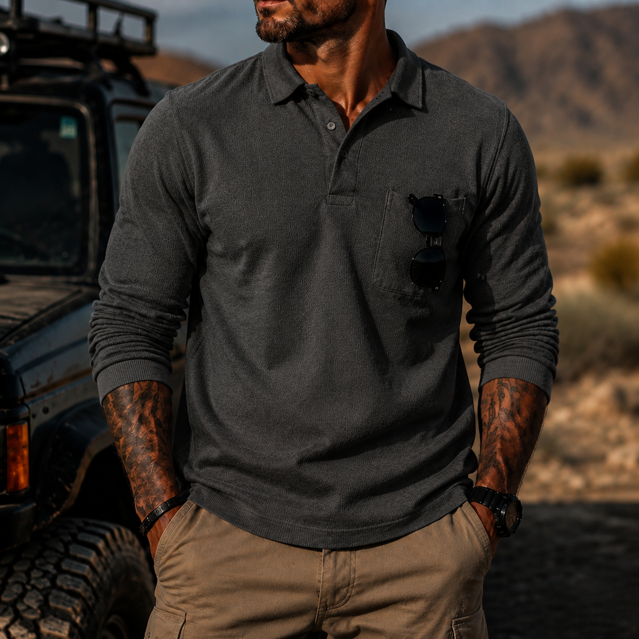 Mivanity Men's Rugged Textured Polo Shirt Adventure Style Long Sleeve Pullover with Sunglasses Pocket