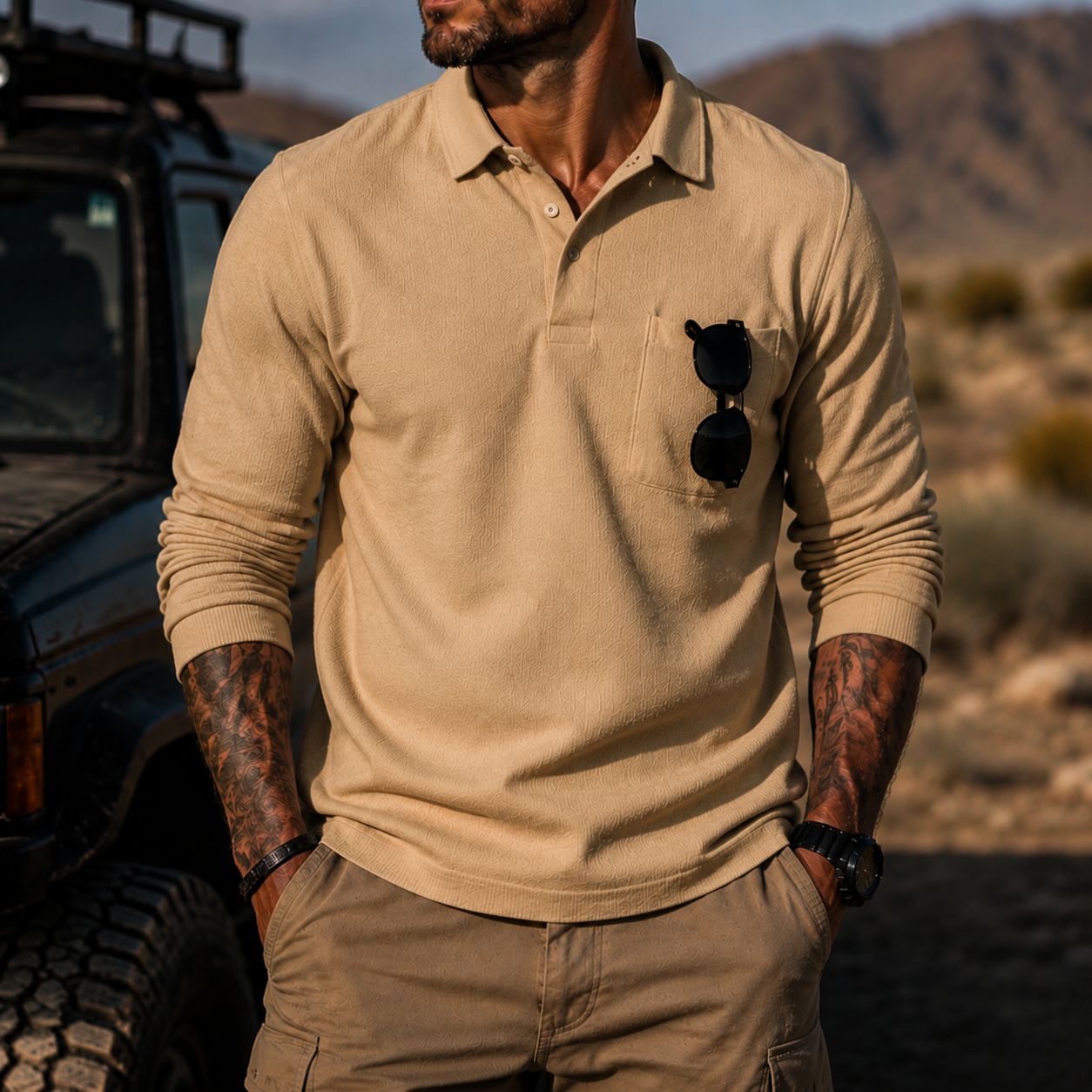 Mivanity Men's Rugged Textured Polo Shirt Adventure Style Long Sleeve Pullover with Sunglasses Pocket