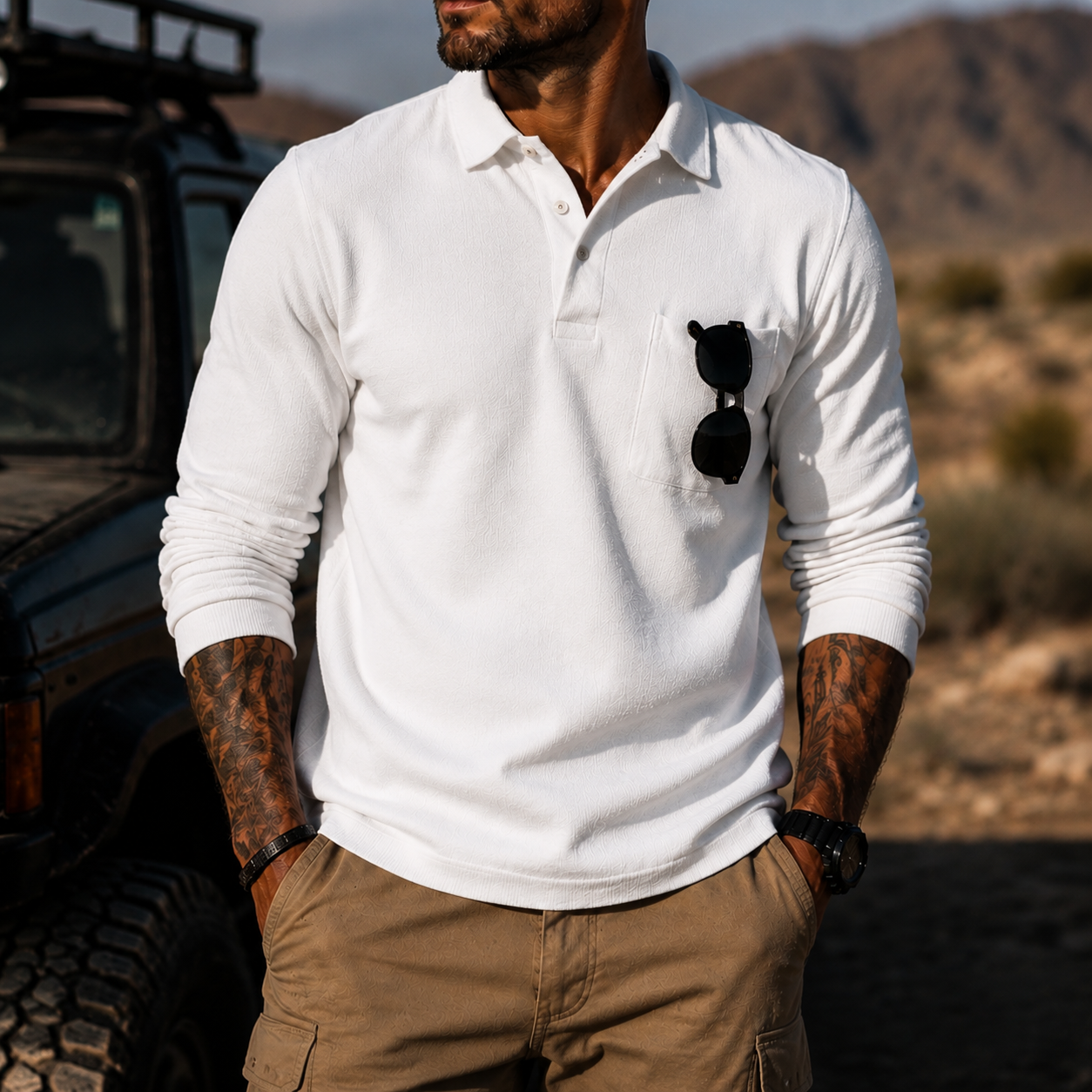 Mivanity Men's Rugged Textured Polo Shirt Adventure Style Long Sleeve Pullover with Sunglasses Pocket