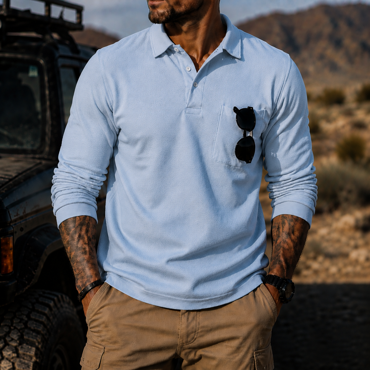 Mivanity Men's Rugged Textured Polo Shirt Adventure Style Long Sleeve Pullover with Sunglasses Pocket