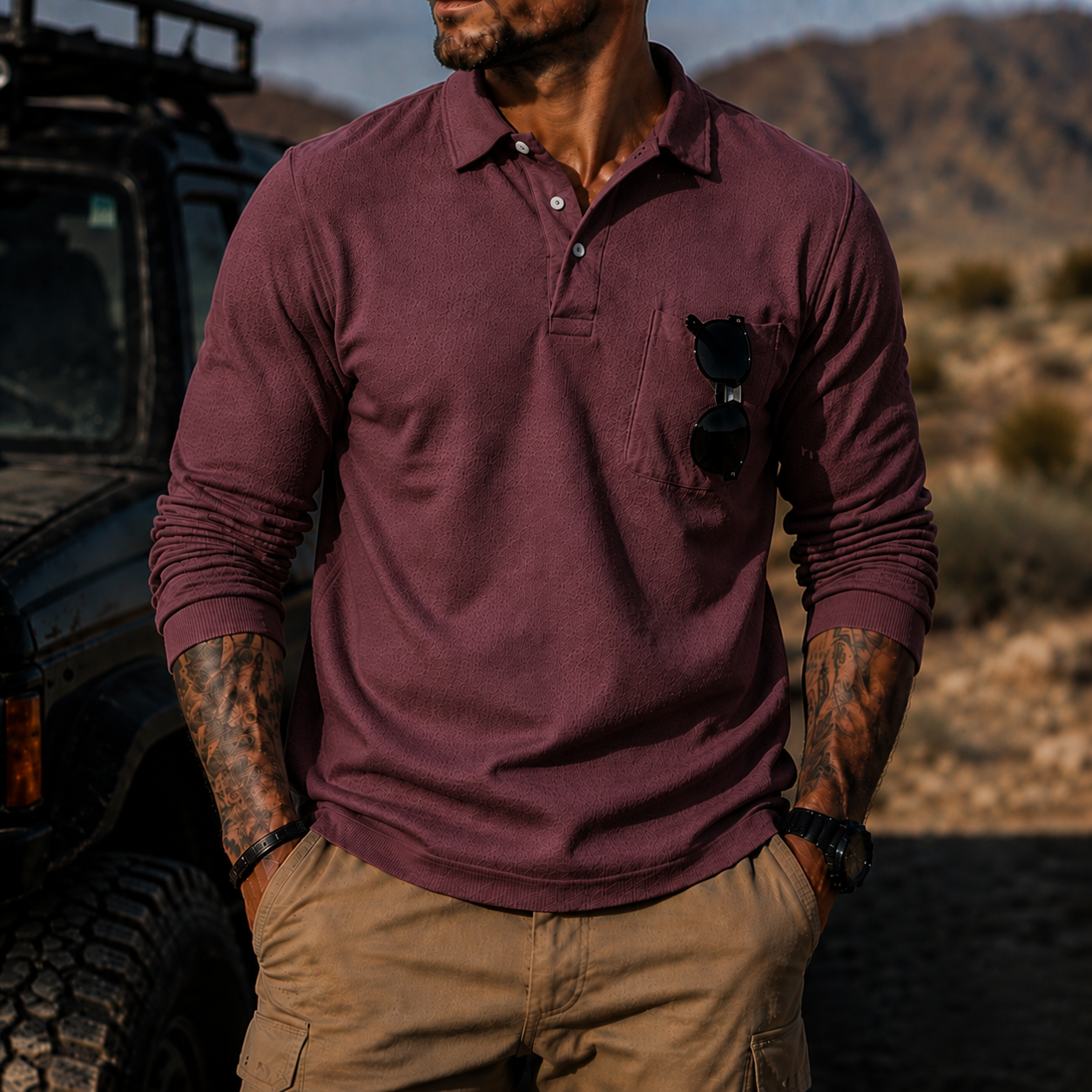 Mivanity Men's Rugged Textured Polo Shirt Adventure Style Long Sleeve Pullover with Sunglasses Pocket