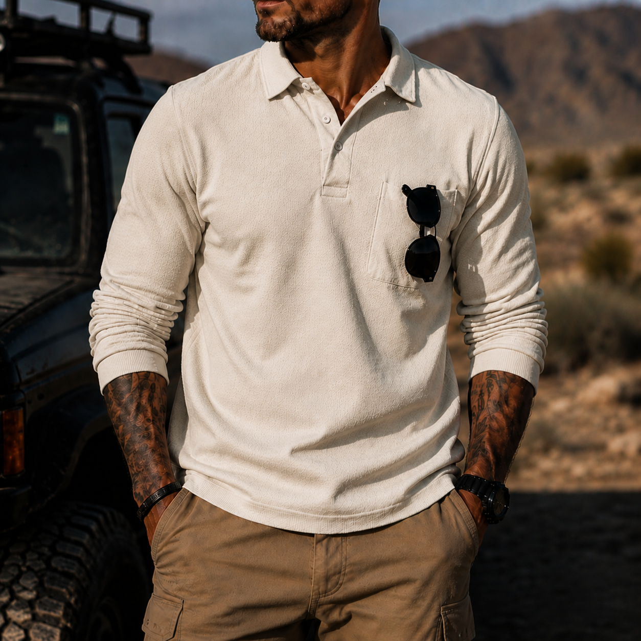 Mivanity Men's Rugged Textured Polo Shirt Adventure Style Long Sleeve Pullover with Sunglasses Pocket