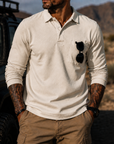 Mivanity Men's Rugged Textured Polo Shirt Adventure Style Long Sleeve Pullover with Sunglasses Pocket