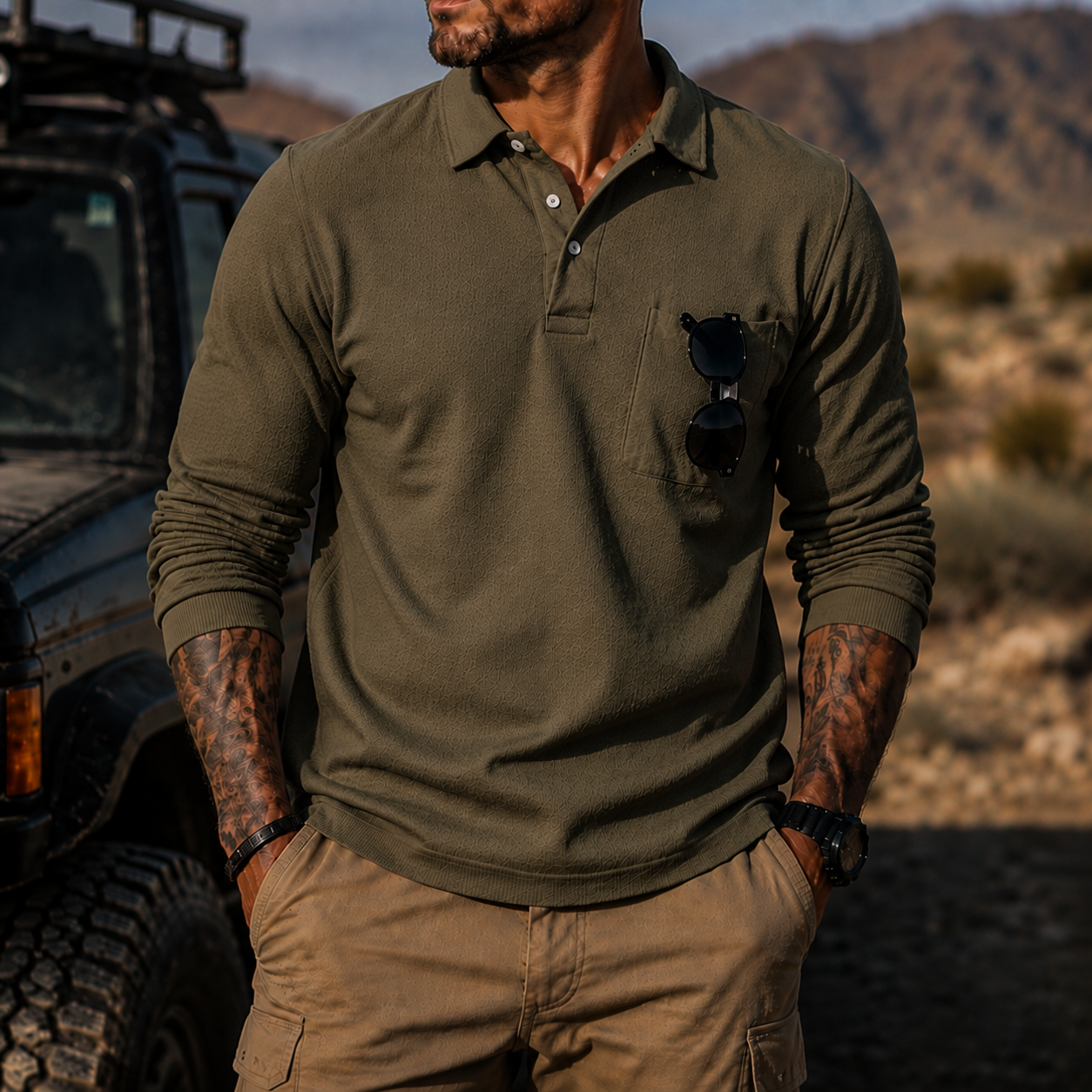 Mivanity Men's Rugged Textured Polo Shirt Adventure Style Long Sleeve Pullover with Sunglasses Pocket