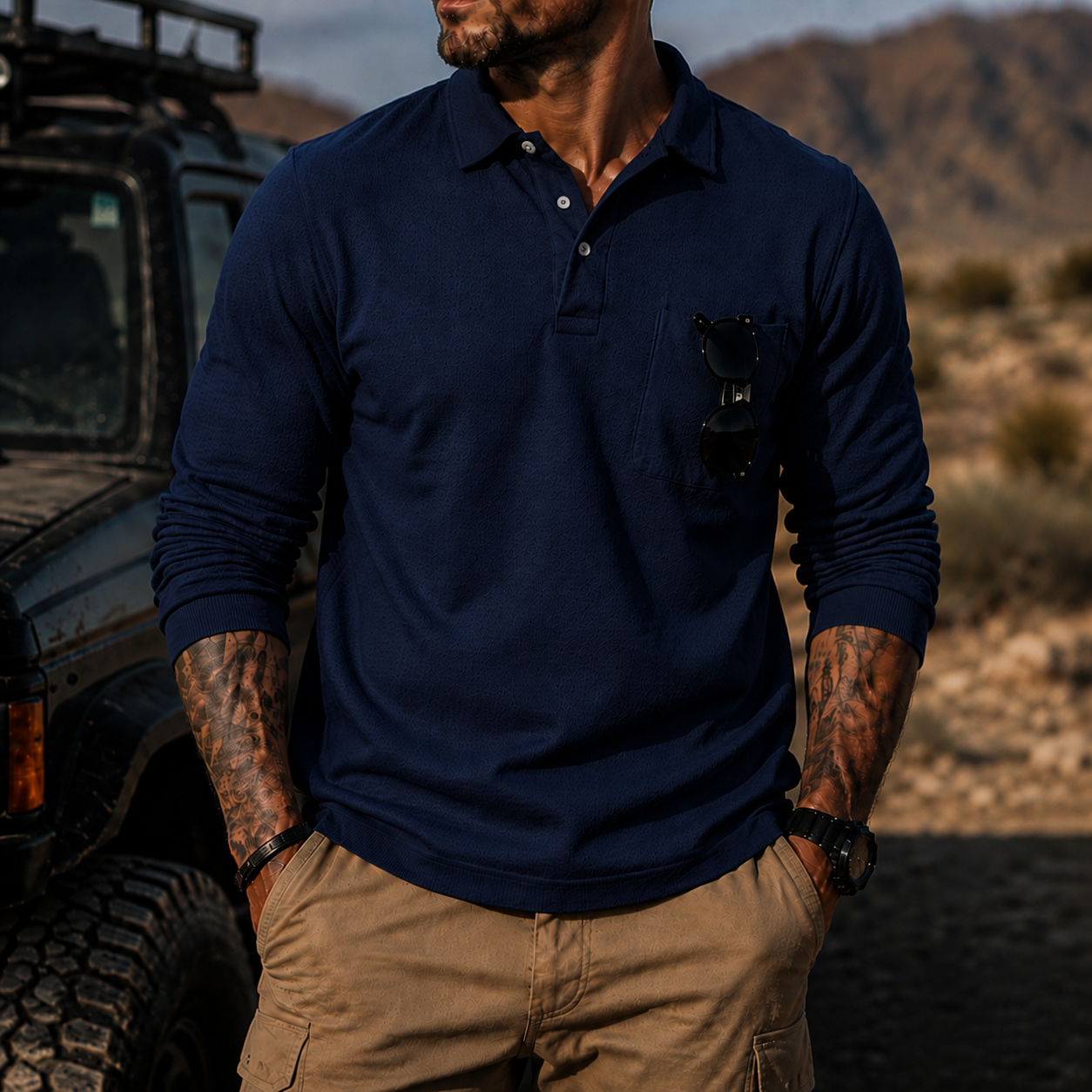 Mivanity Men's Rugged Textured Polo Shirt Adventure Style Long Sleeve Pullover with Sunglasses Pocket