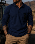 Mivanity Men's Rugged Textured Polo Shirt Adventure Style Long Sleeve Pullover with Sunglasses Pocket