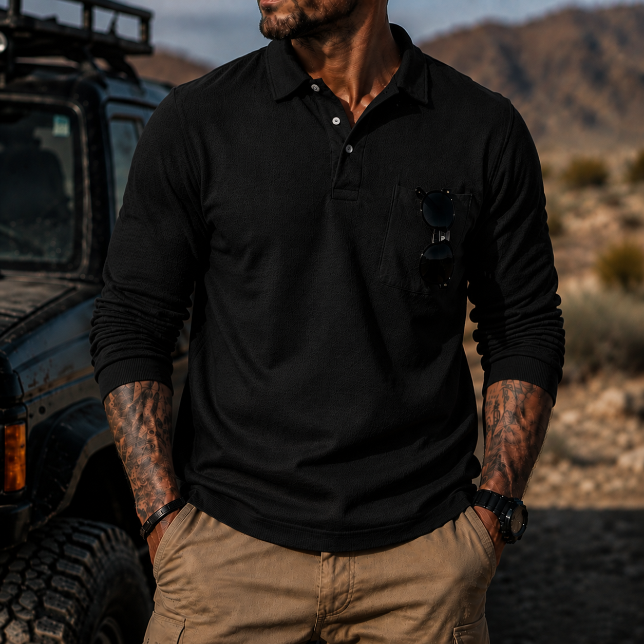 Mivanity Men's Rugged Textured Polo Shirt Adventure Style Long Sleeve Pullover with Sunglasses Pocket