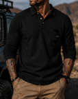 Mivanity Men's Rugged Textured Polo Shirt Adventure Style Long Sleeve Pullover with Sunglasses Pocket
