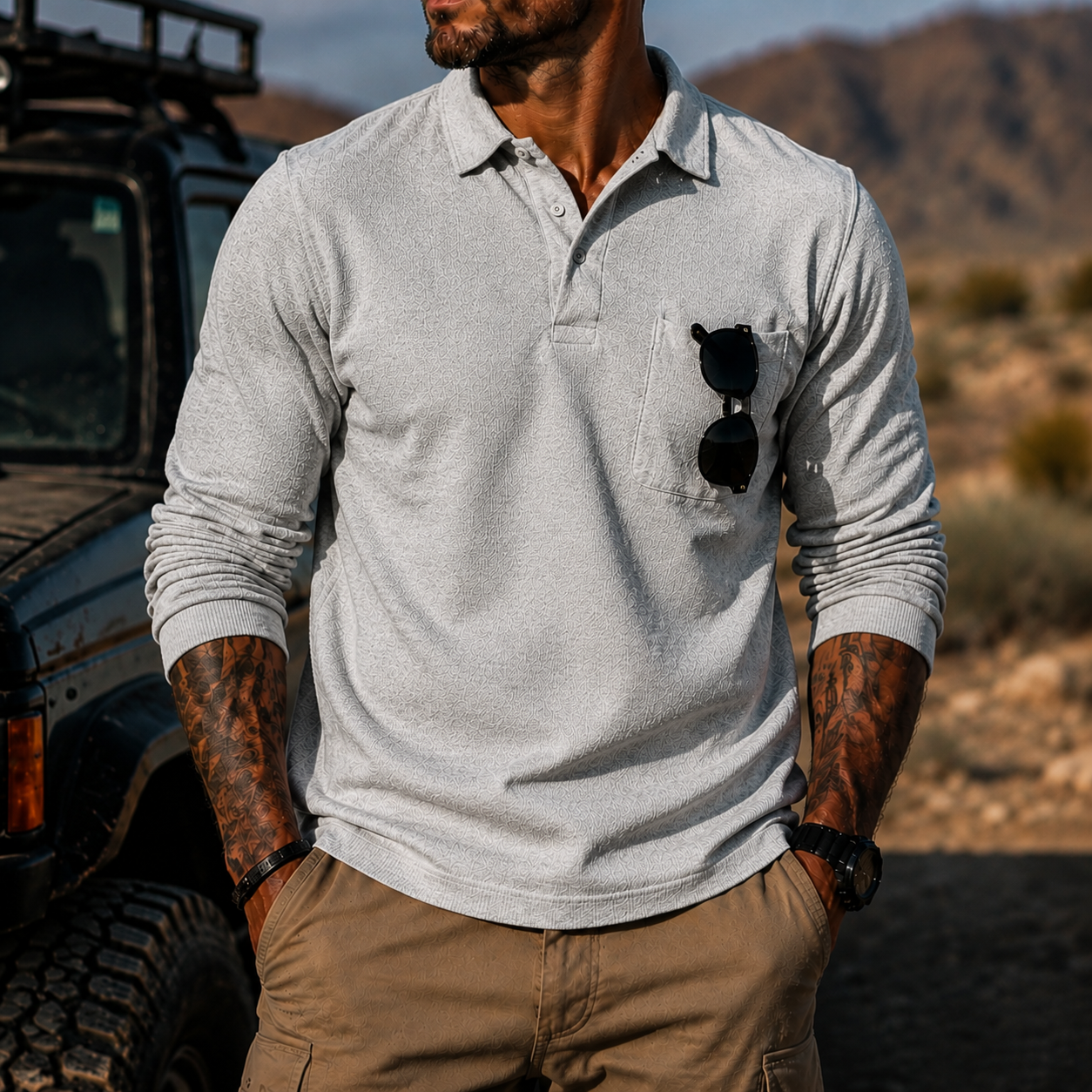 Mivanity Men's Rugged Textured Polo Shirt Adventure Style Long Sleeve Pullover with Sunglasses Pocket