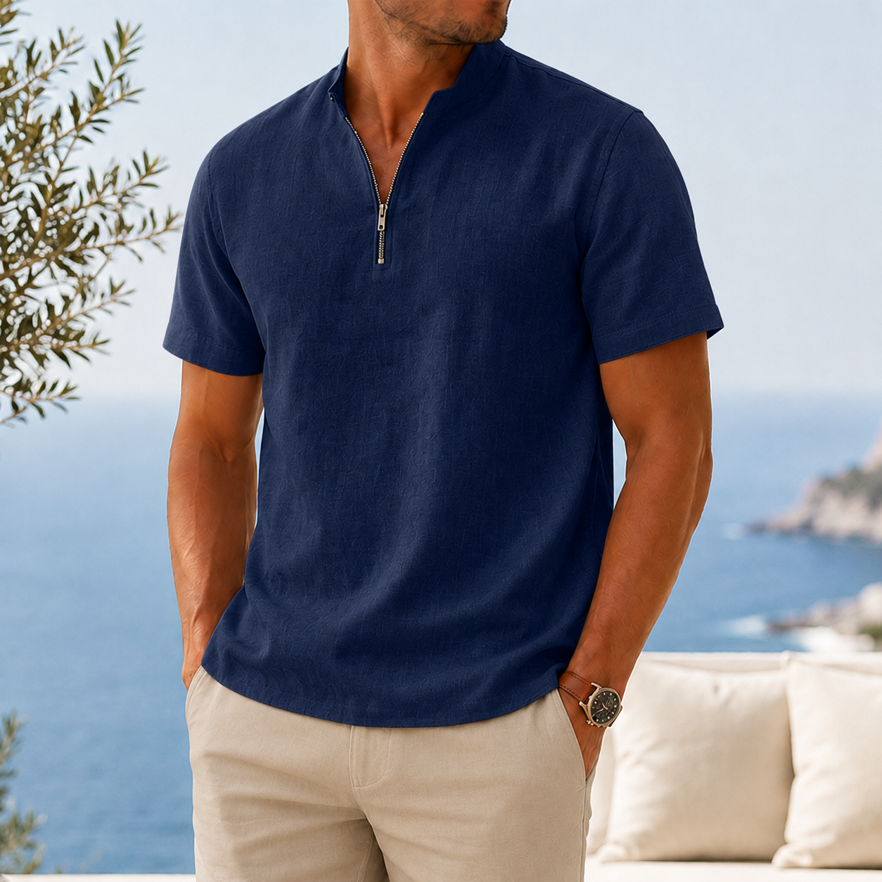 Mivanity Men’s Textured Linen-Blend Quarter-Zip Shirt