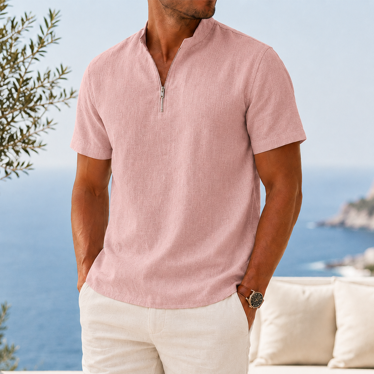 Mivanity Men’s Textured Linen-Blend Quarter-Zip Shirt