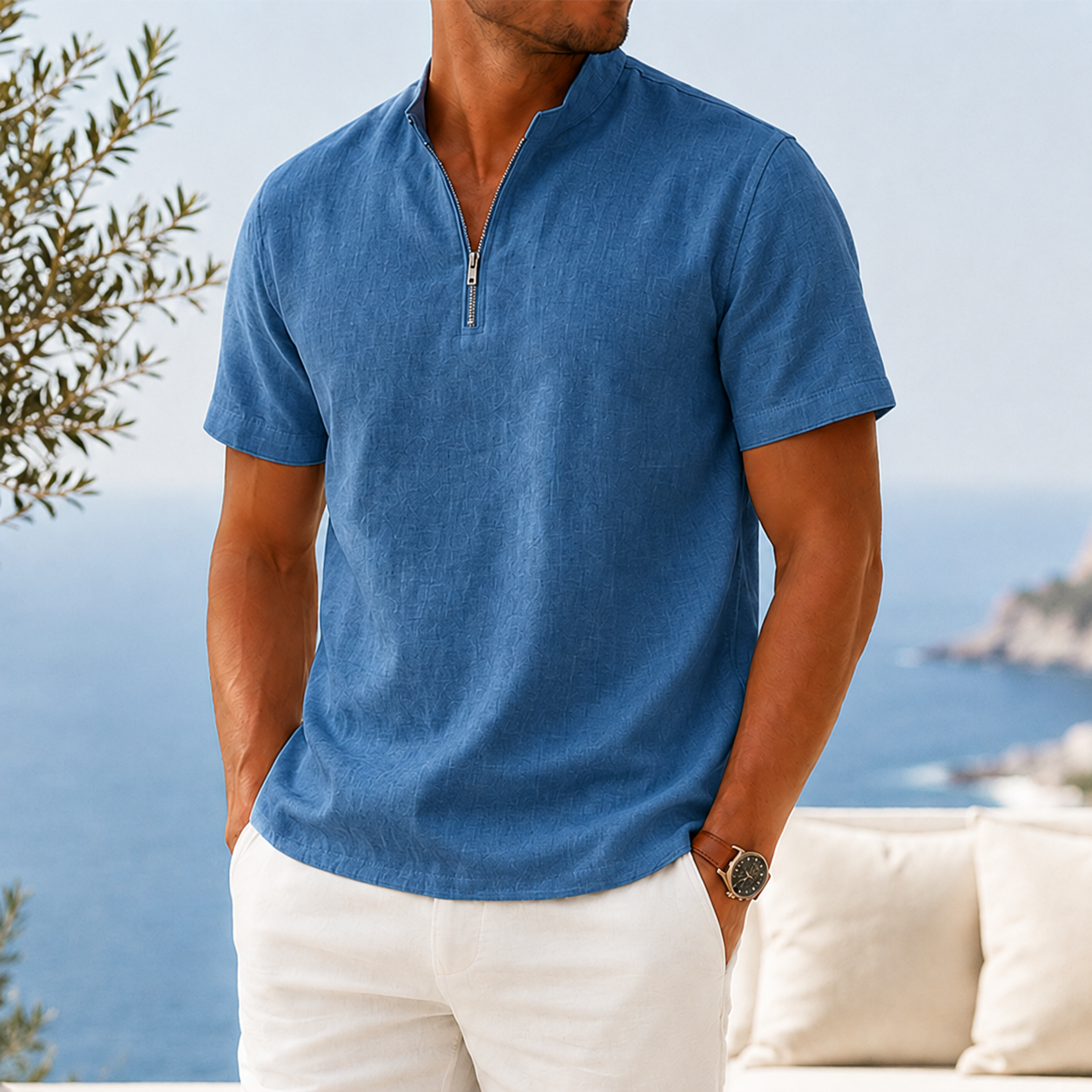 Mivanity Men’s Textured Linen-Blend Quarter-Zip Shirt
