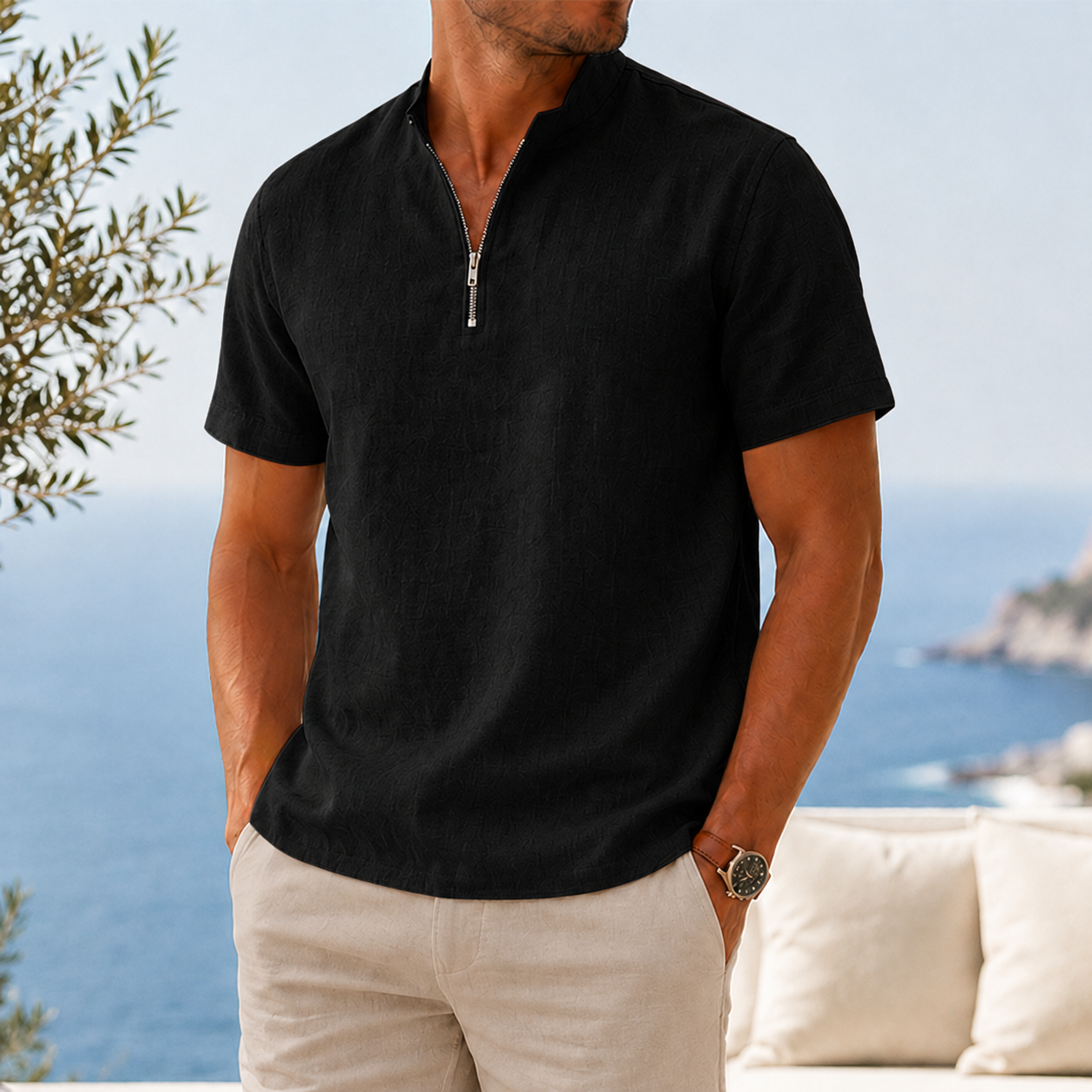 Mivanity Men’s Textured Linen-Blend Quarter-Zip Shirt