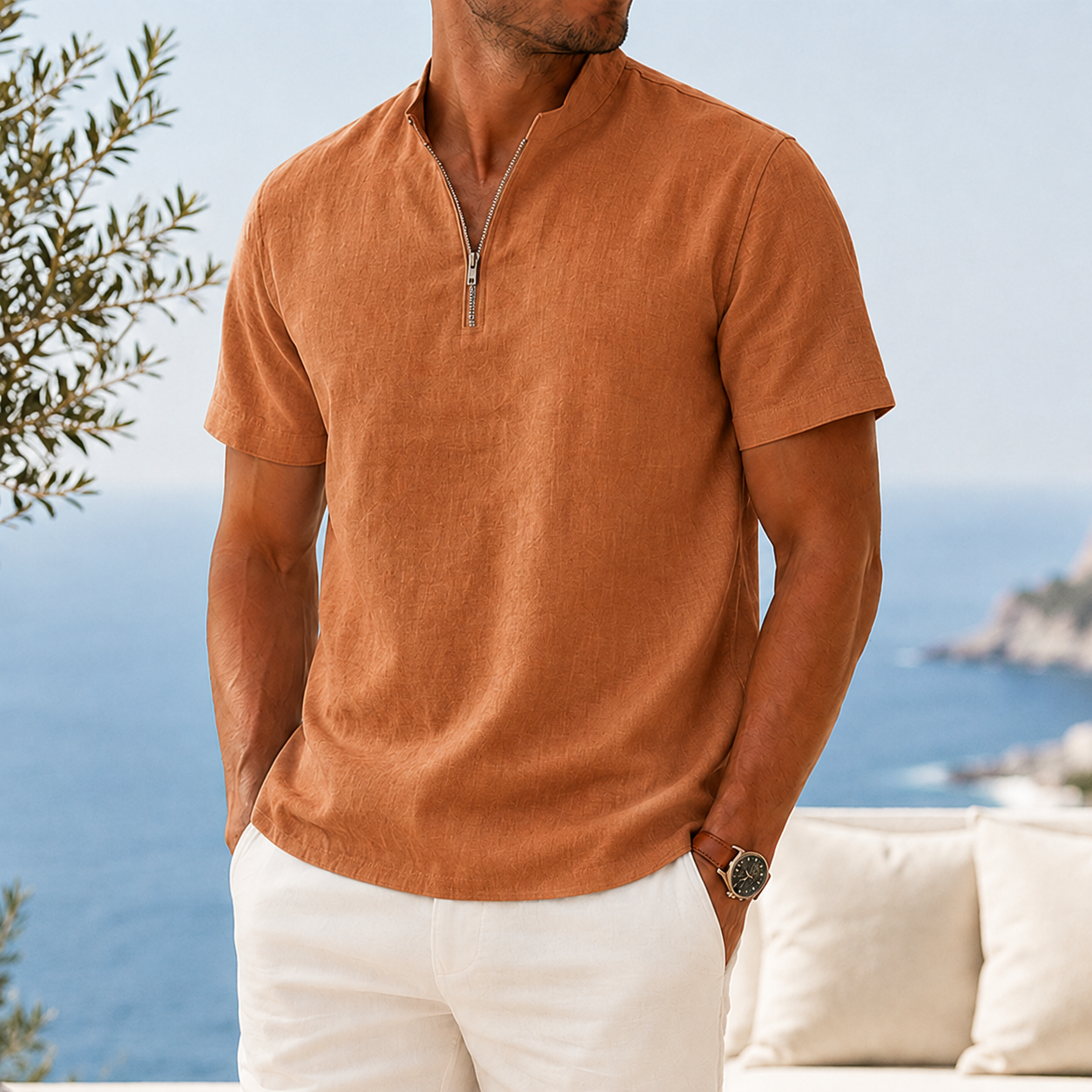 Mivanity Men’s Textured Linen-Blend Quarter-Zip Shirt