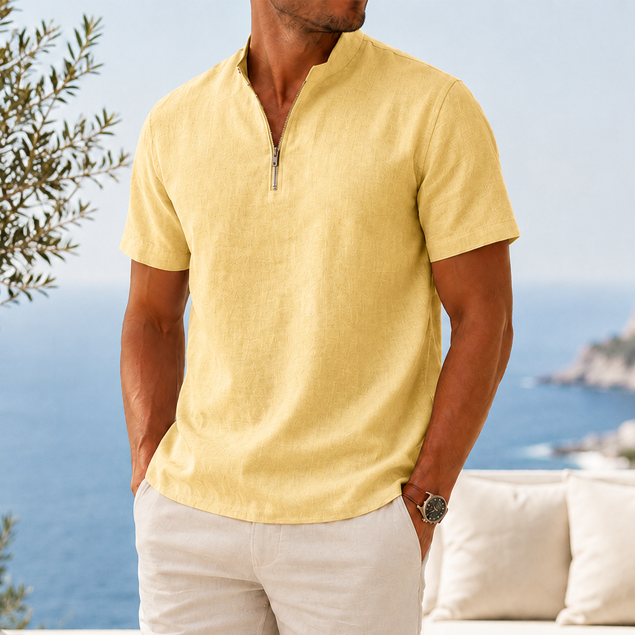Mivanity Men’s Textured Linen-Blend Quarter-Zip Shirt