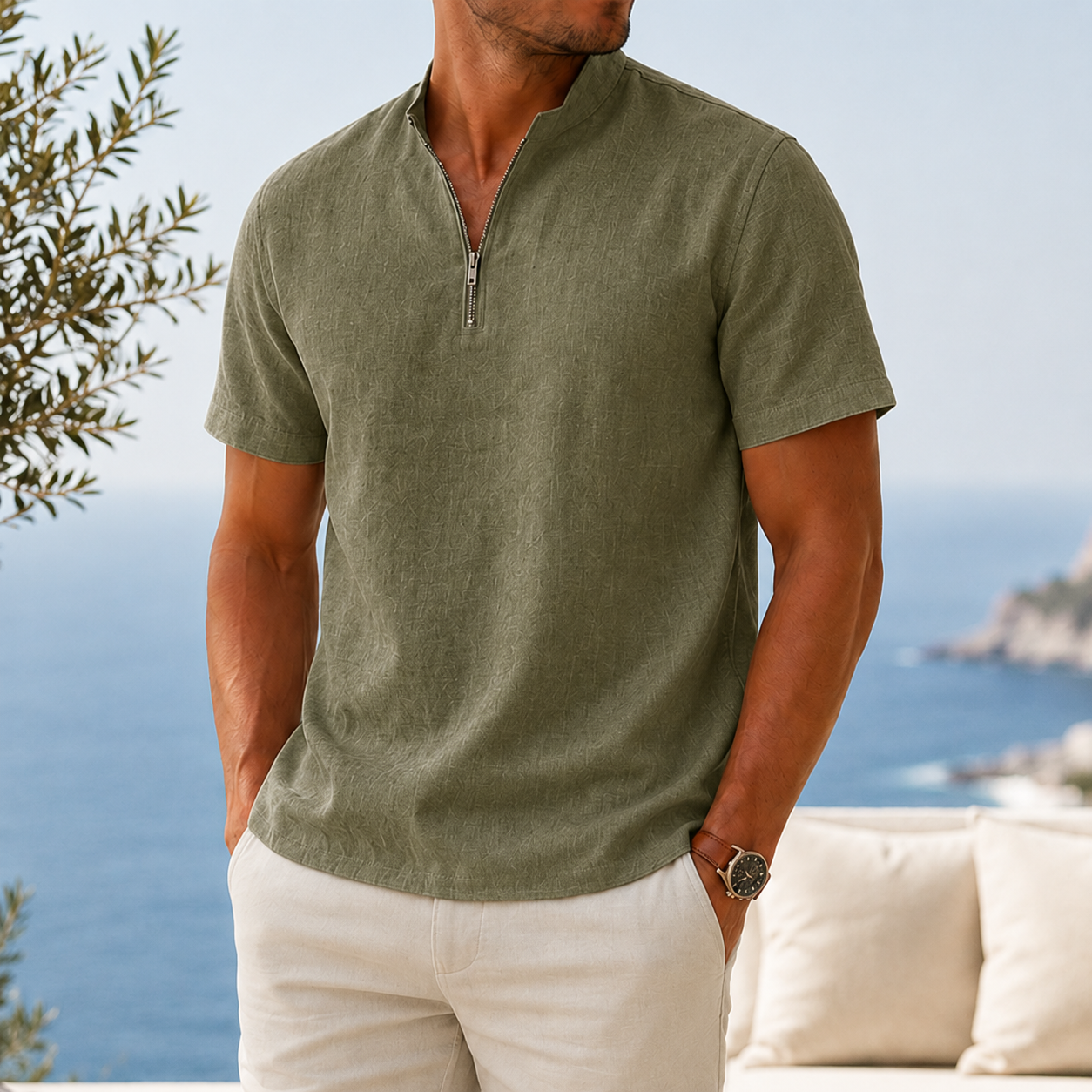 Mivanity Men’s Textured Linen-Blend Quarter-Zip Shirt
