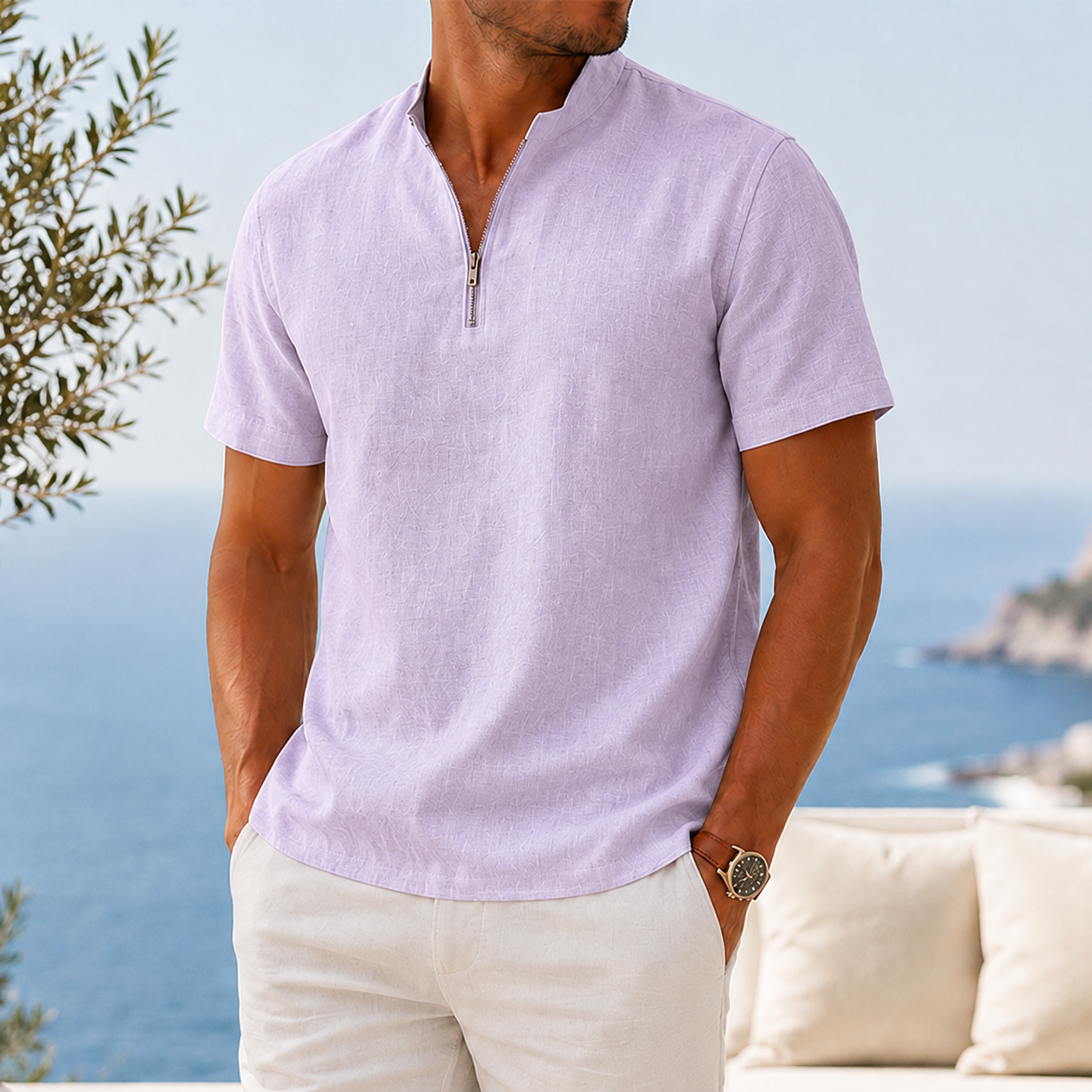 Mivanity Men’s Textured Linen-Blend Quarter-Zip Shirt