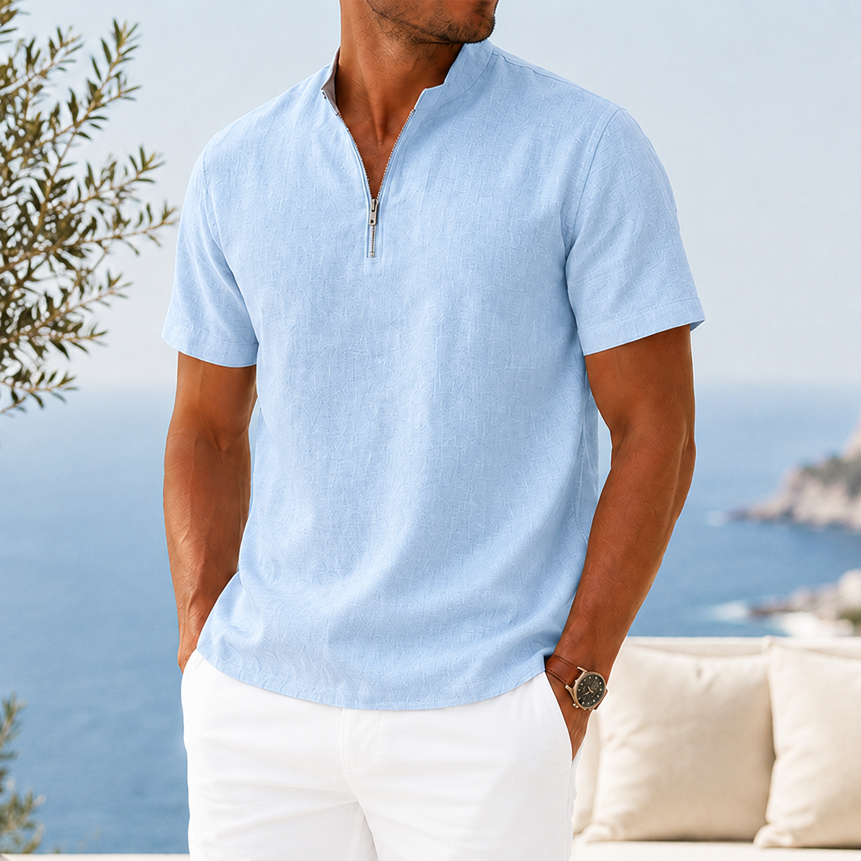 Mivanity Men’s Textured Linen-Blend Quarter-Zip Shirt