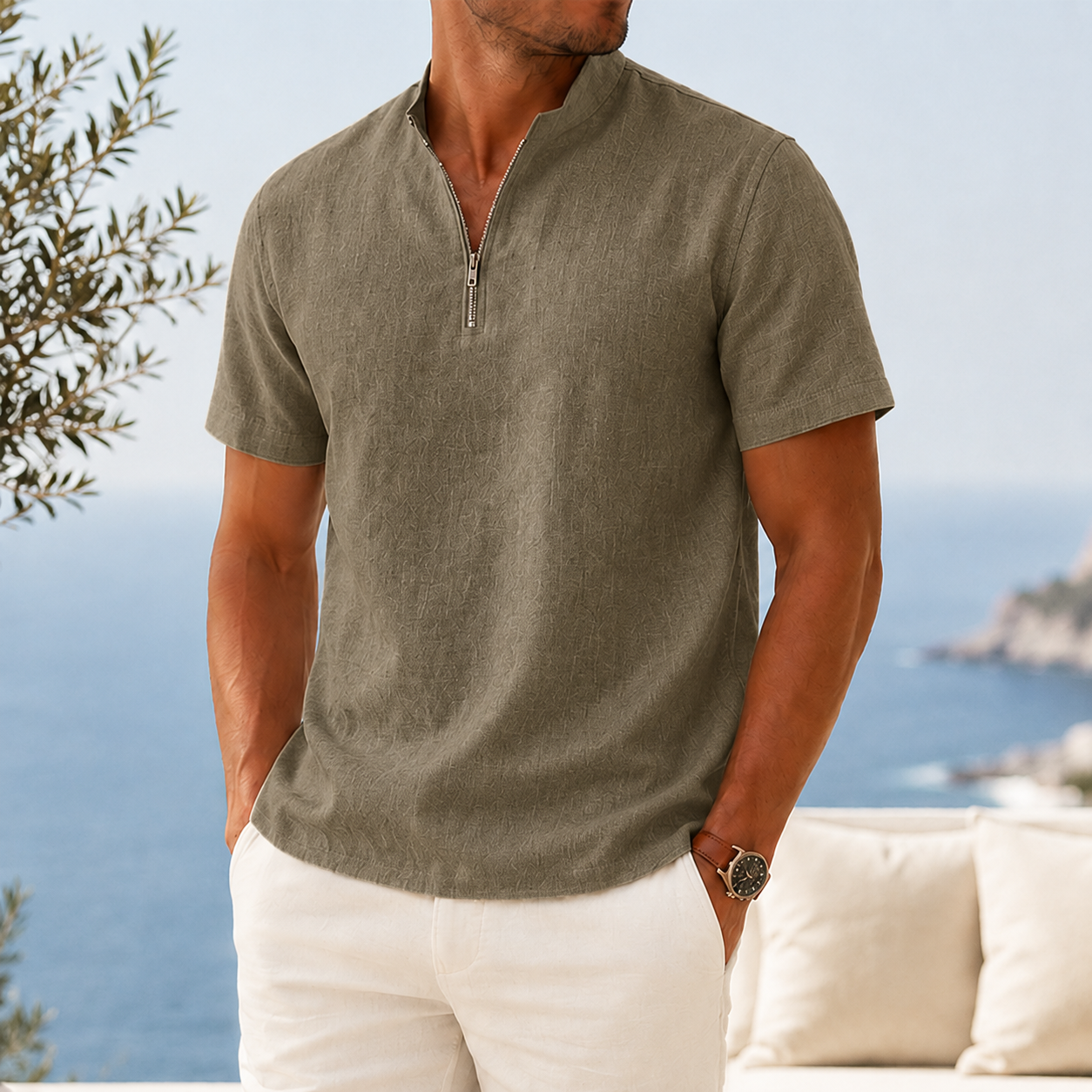 Mivanity Men’s Textured Linen-Blend Quarter-Zip Shirt