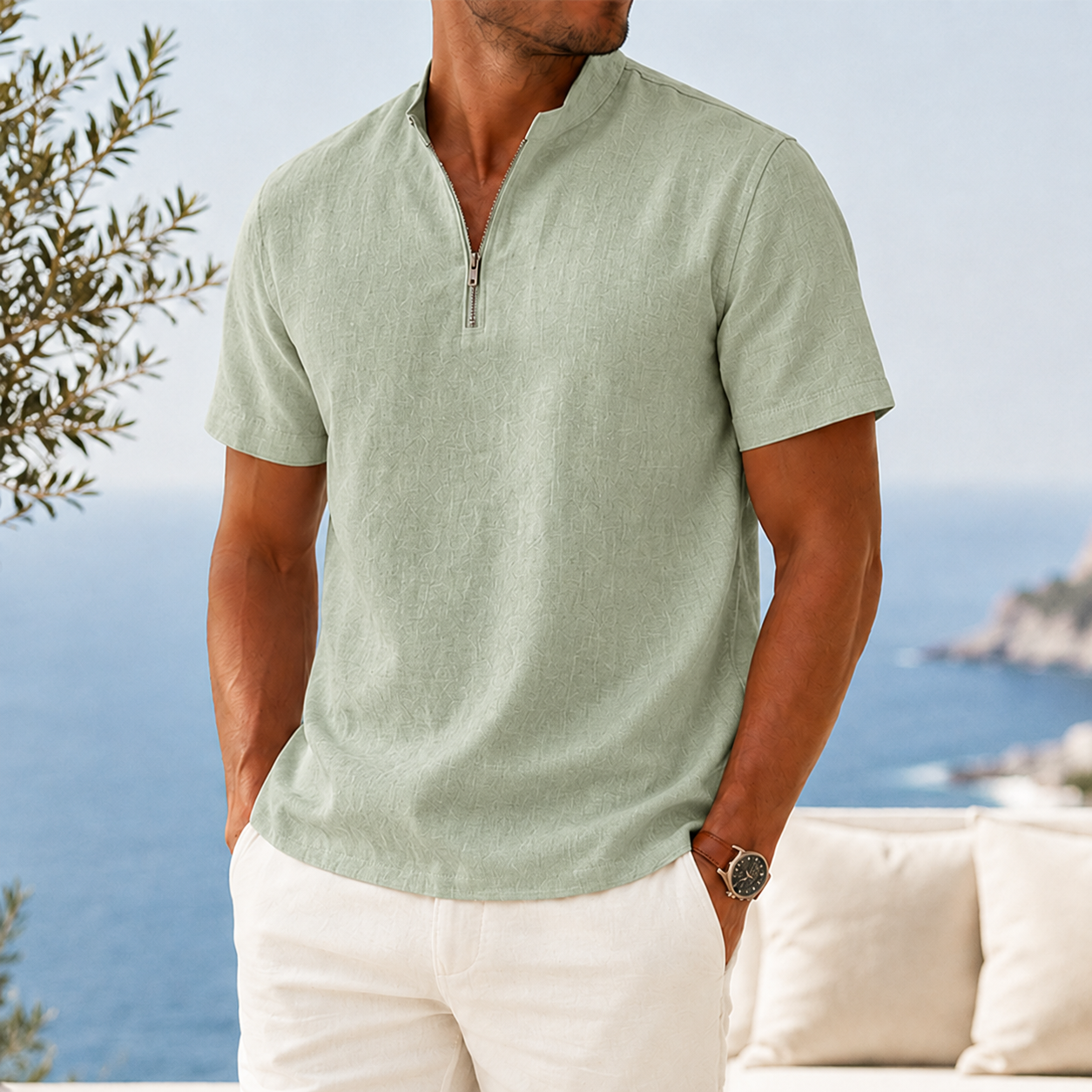 Mivanity Men’s Textured Linen-Blend Quarter-Zip Shirt