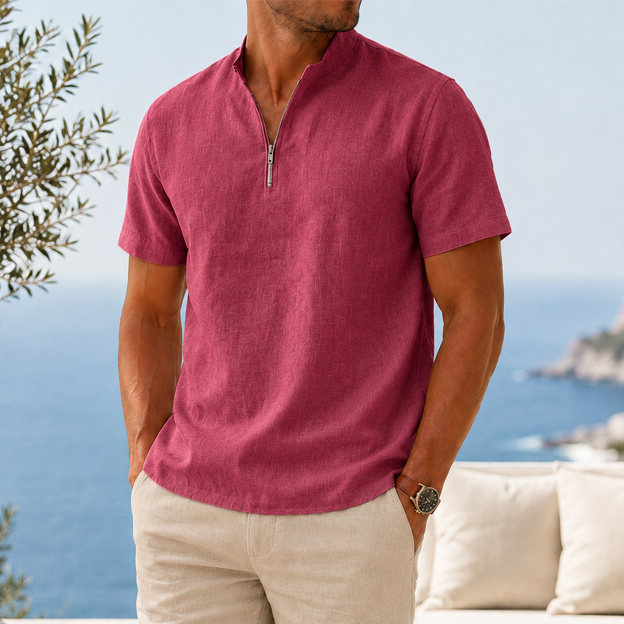 Mivanity Men’s Textured Linen-Blend Quarter-Zip Shirt